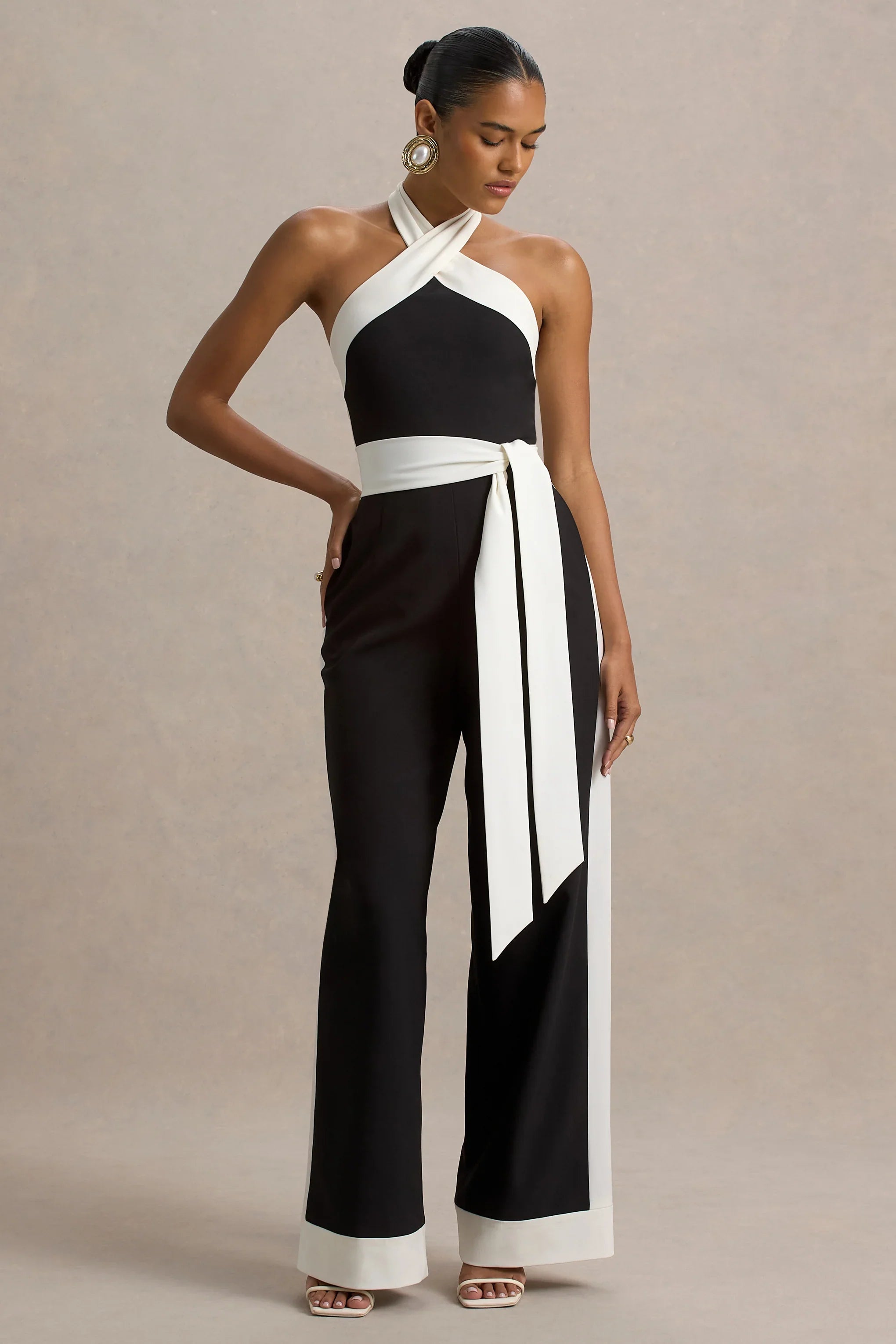 Caterina Black White Halter Neck Wide Leg Jumpsuit