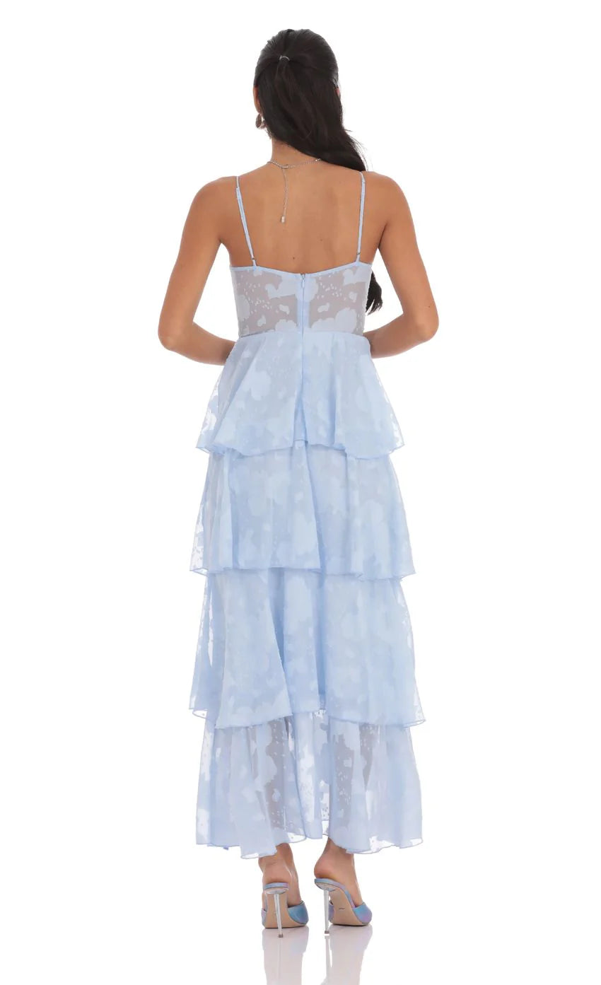 Floral Ruffle A line Maxi Dress in Sky Blue