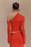 Ainsley Asymmetrical Long Sleeve Top With Floral Hardware Burnt Orange