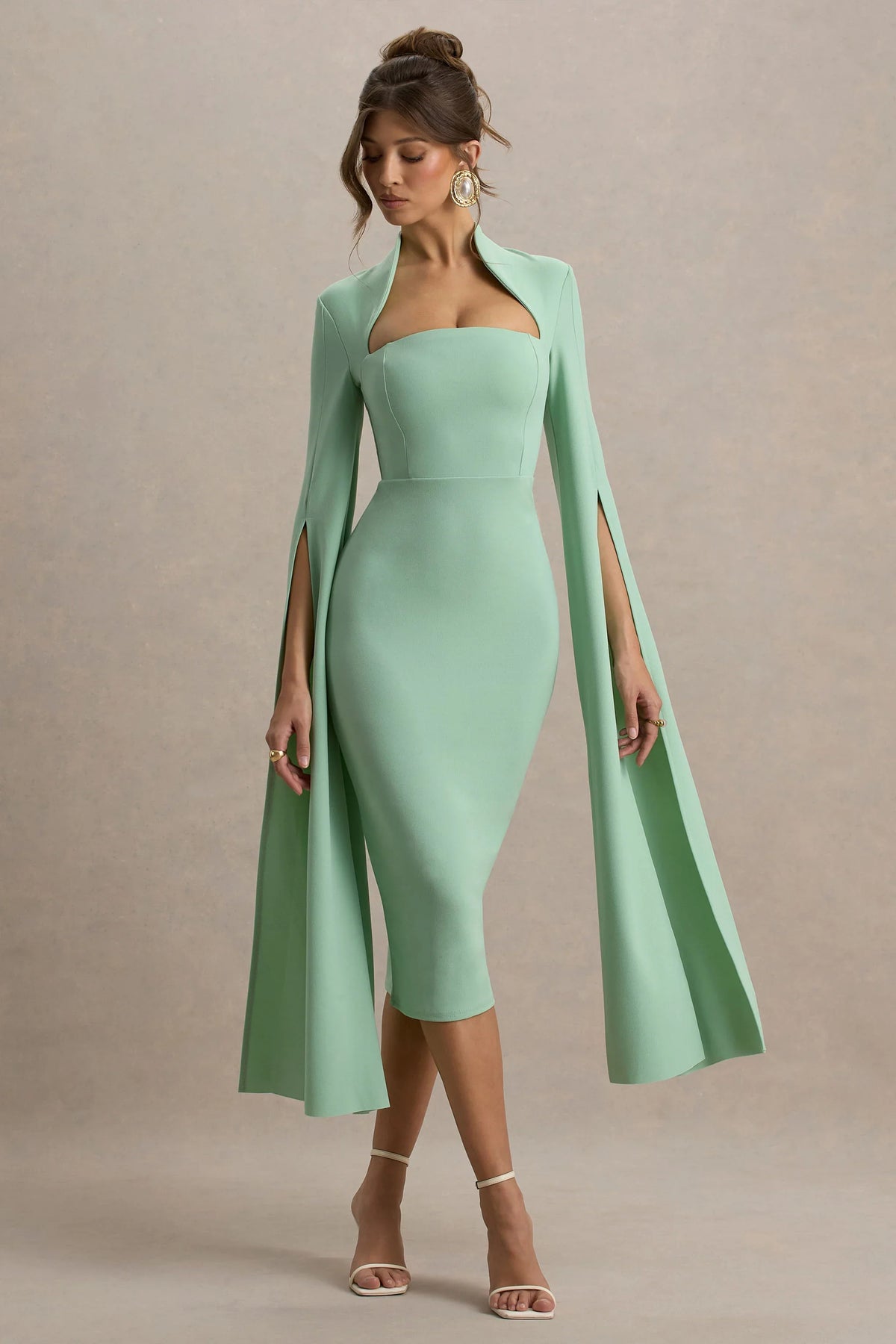 Linden Light Green Bodycon Cape Sleeve Midi Dress