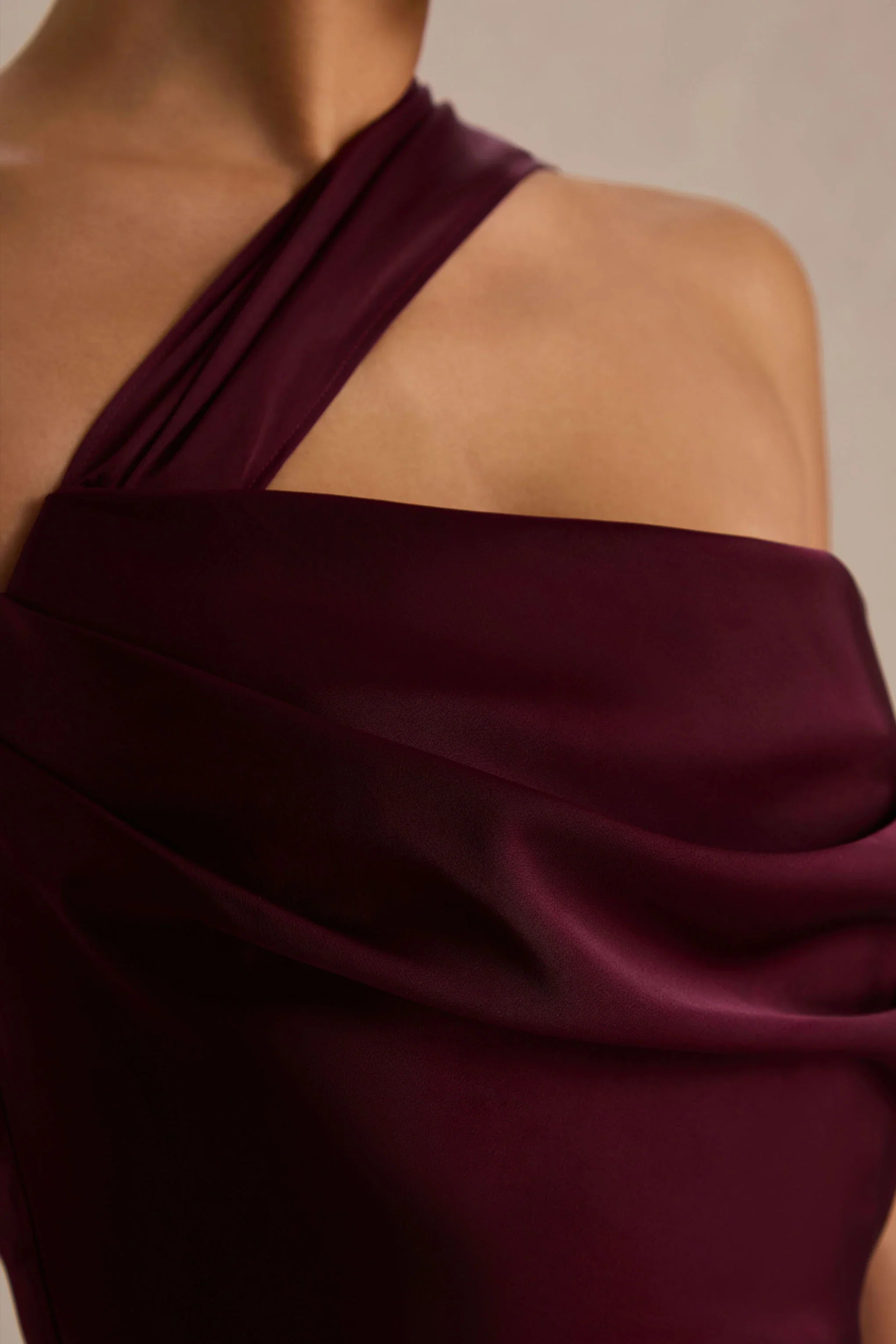Yazmin Burgundy Satin Asymmetric Maxi Dress With One Sleeve Cape
