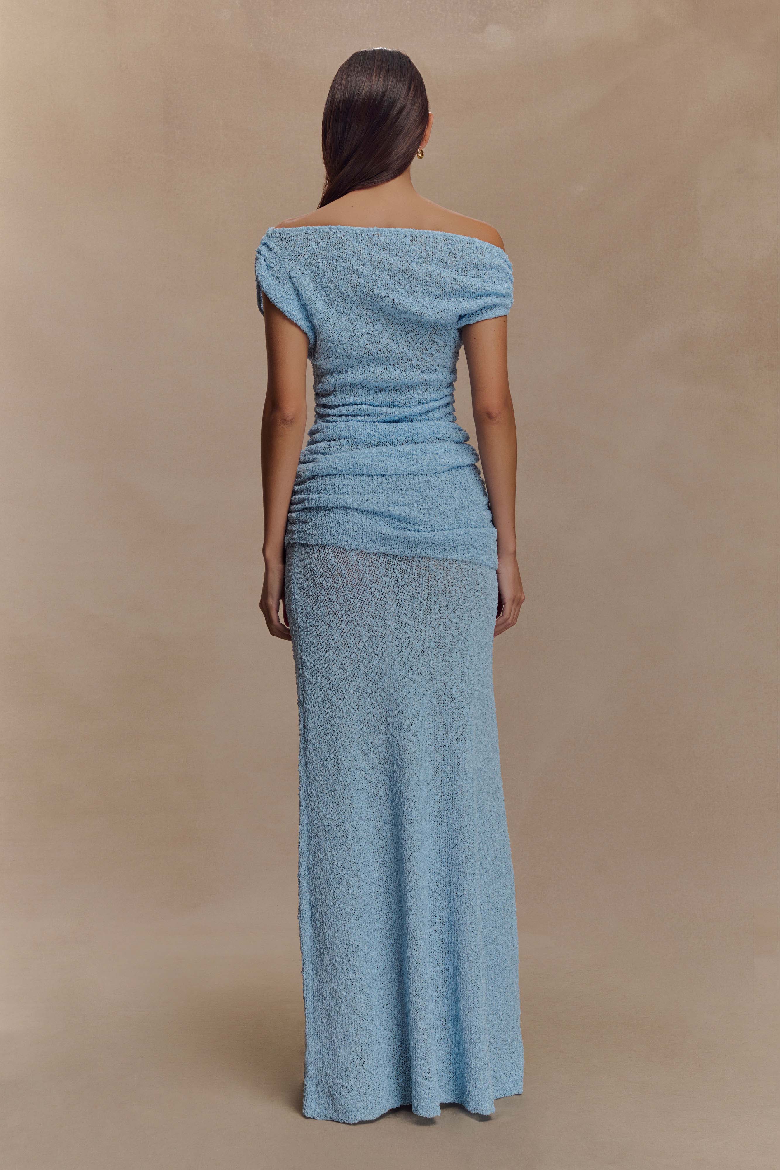 Chloe Off Shoulder Boucle Knit Top Light Blue