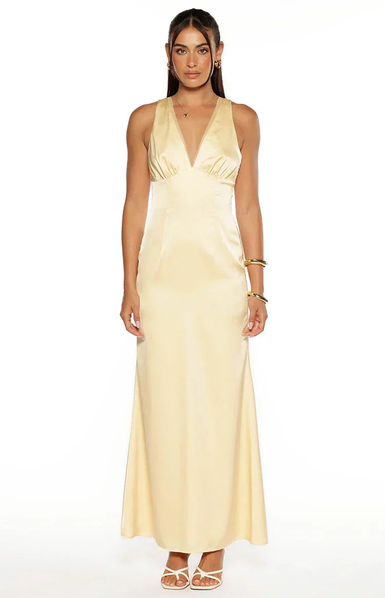 Nicolina Yellow Satin Formal Maxi Dress
