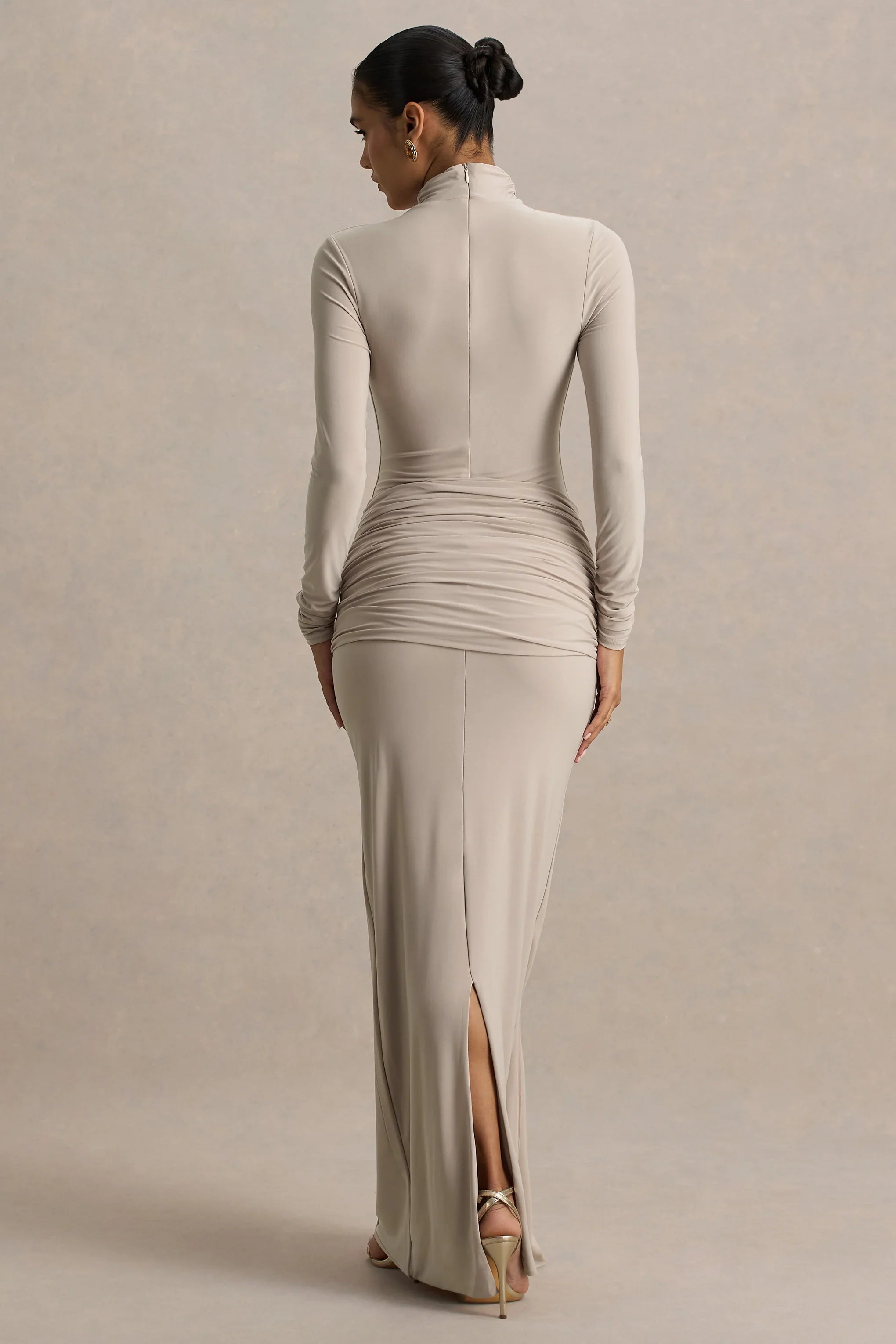 Myra Champagne High Neck Maxi Dress With Sash and Ruched Detailing