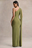 Mandy Olive Asymmetric Neck Maxi Dress With Gold Detail