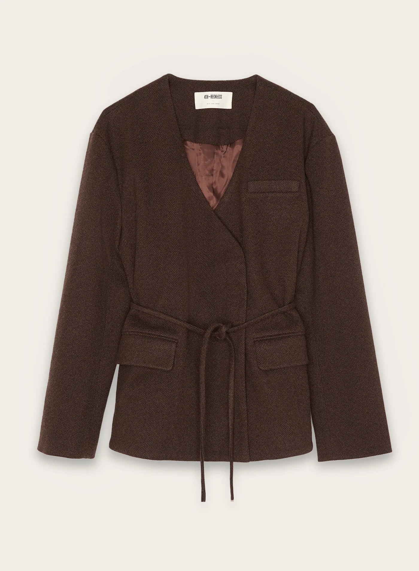 Chocolate Herringbone Tie Waist Wrap Jacket
