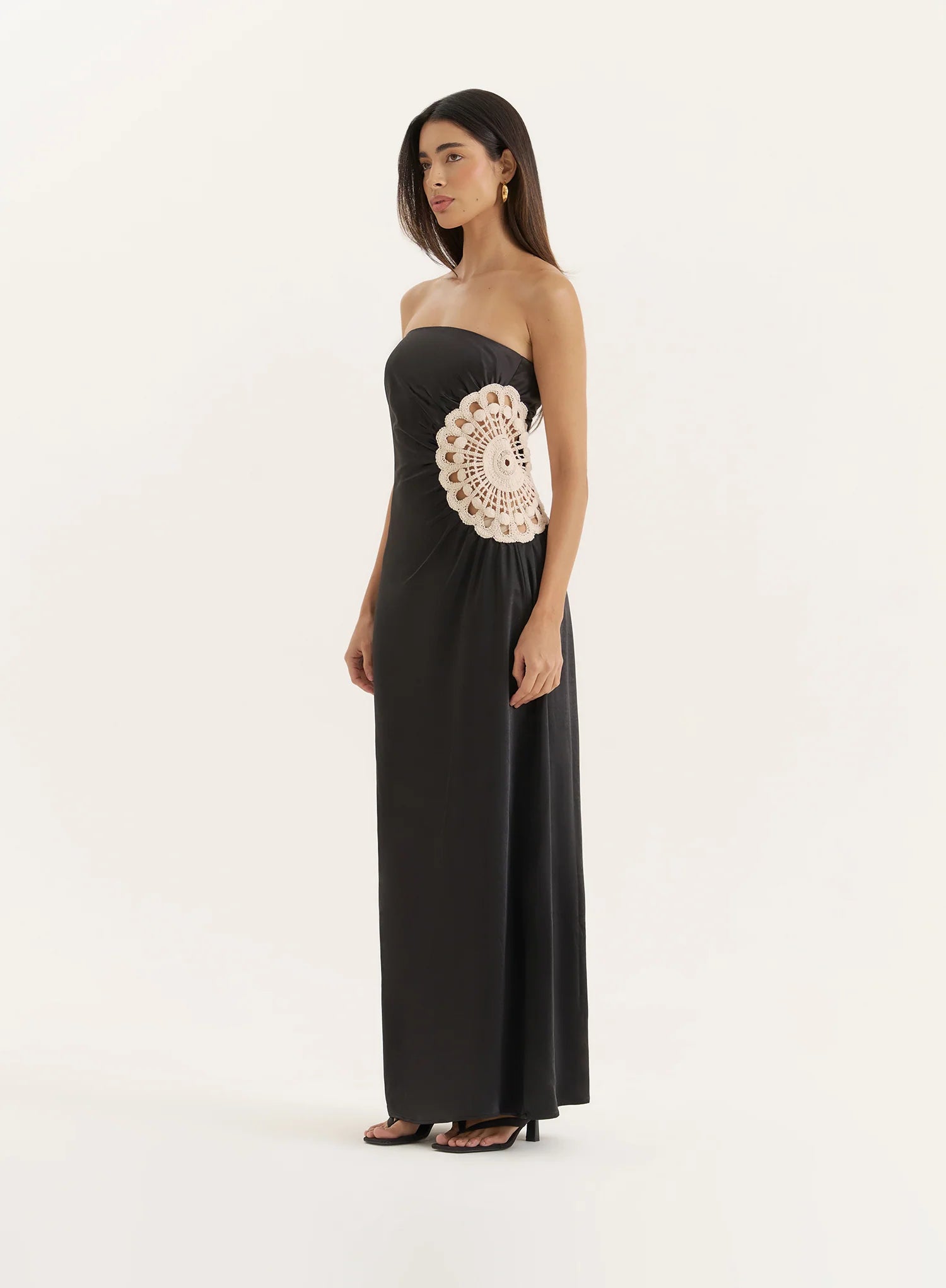 Black Crochet Insert Satin Bandeau Dress