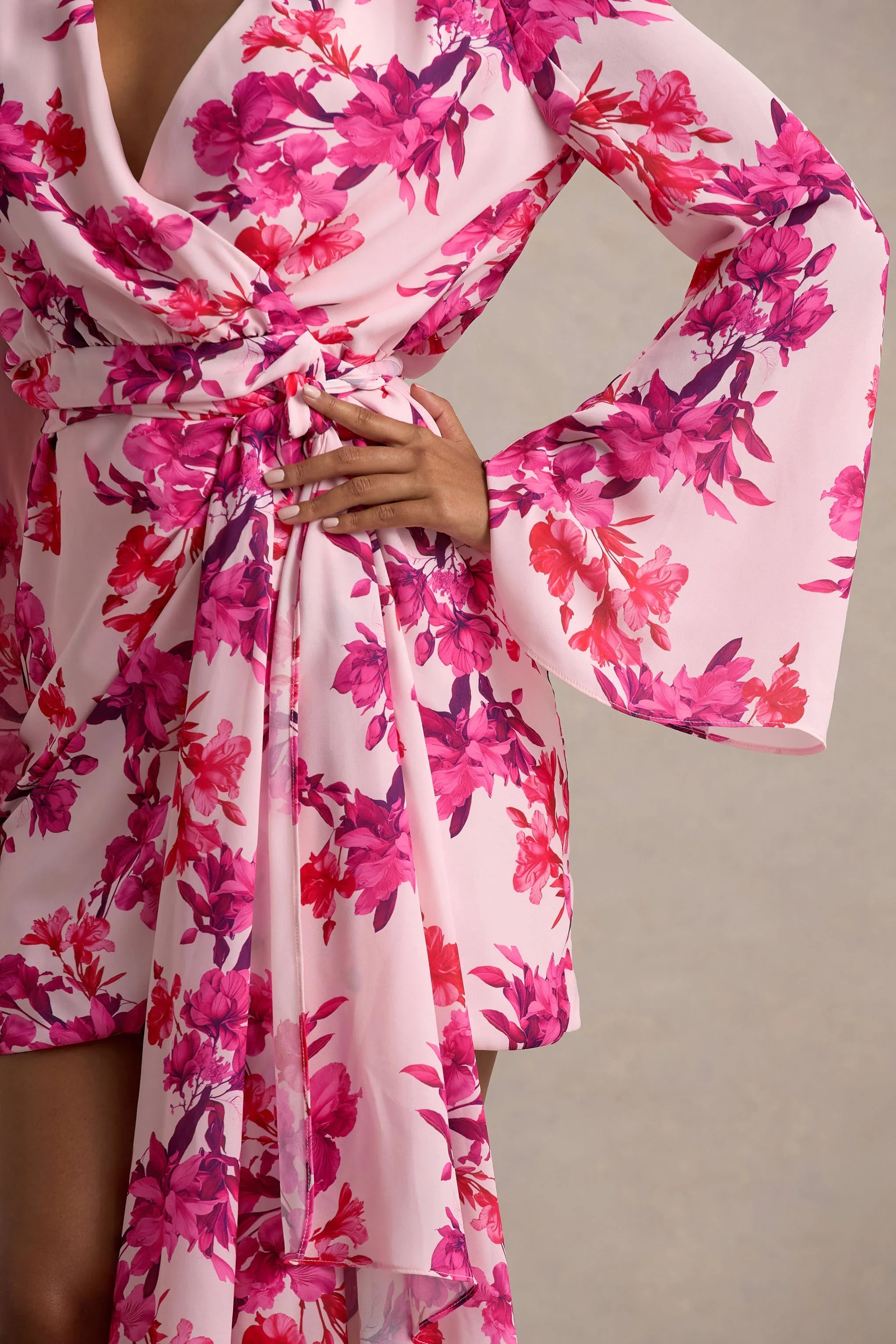 Goldie Pink Floral Print Chiffon Long Sleeve Wrap Mini Dress