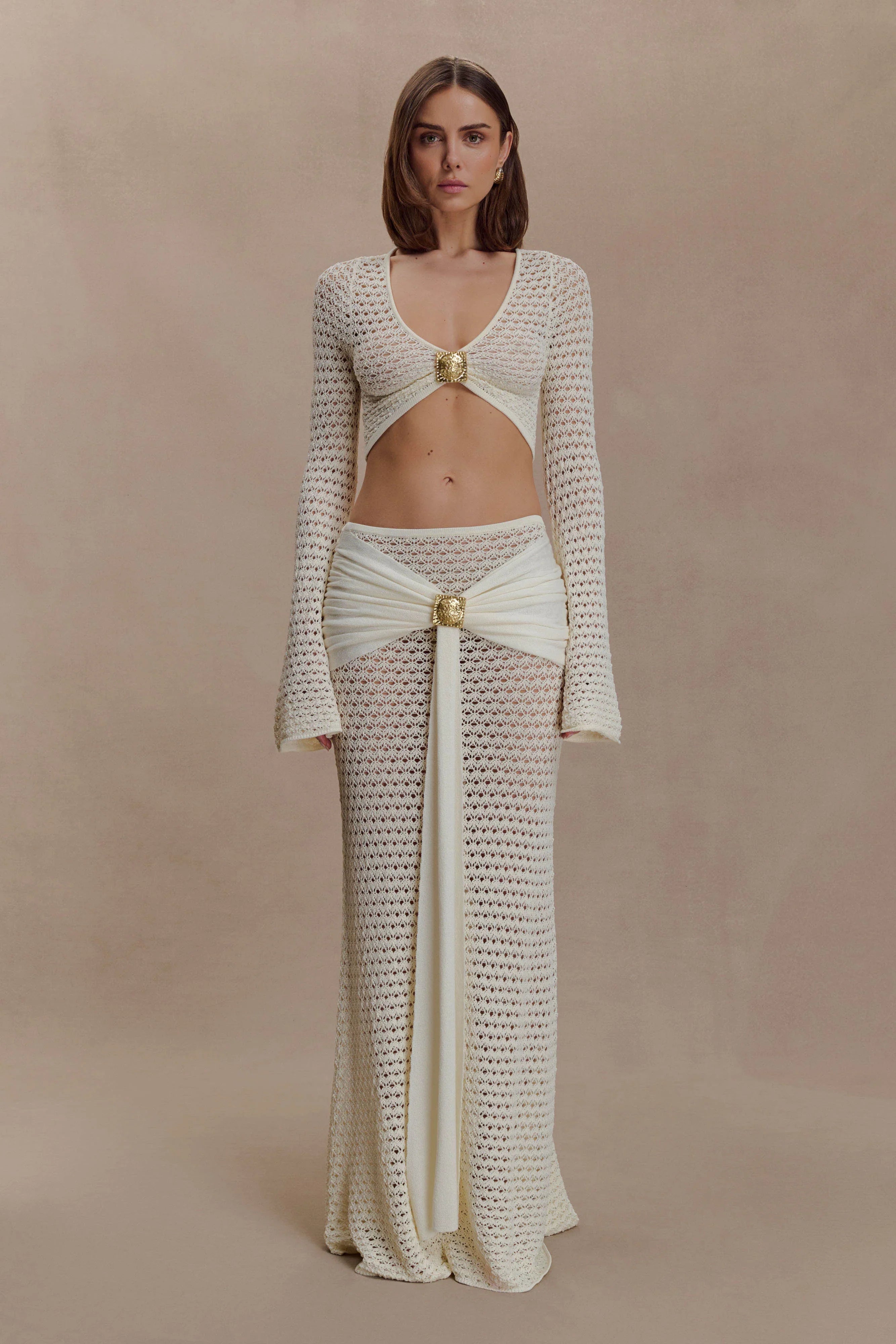 Mania Crochet Maxi Skirt With Hardware Ivory
