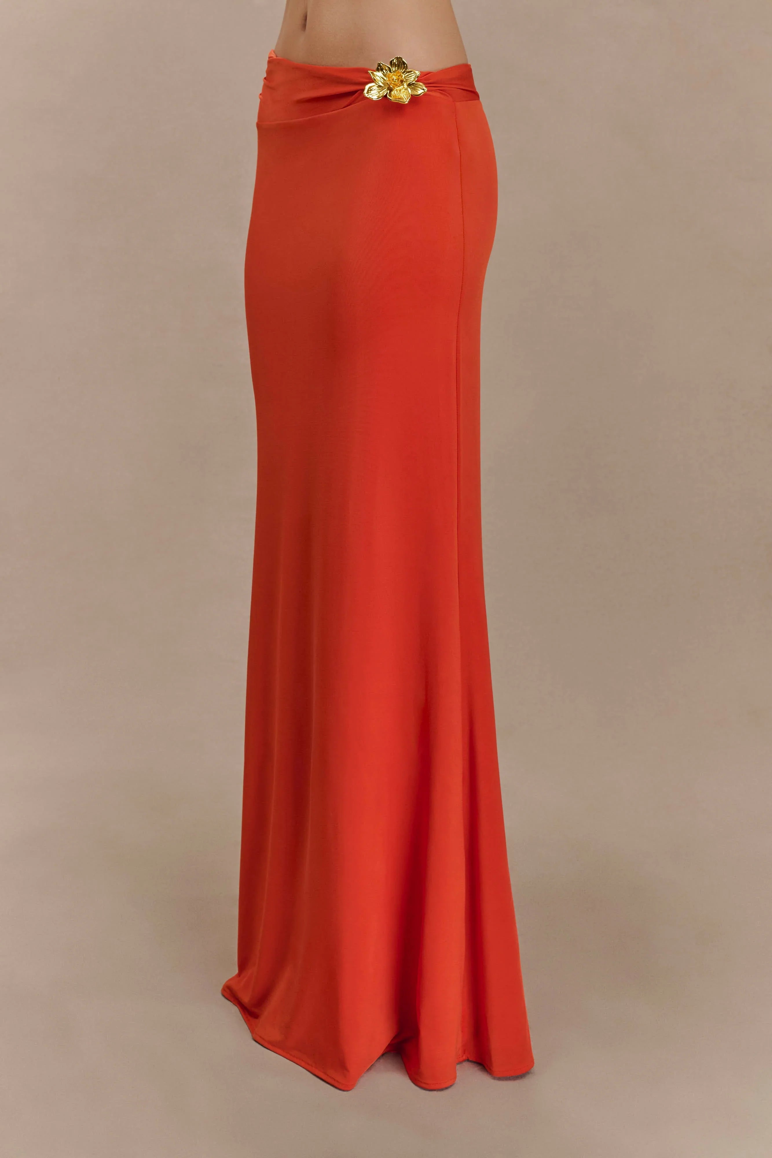 Ainsley Asymmetrical Maxi Skirt With Floral Hardware Burnt Orange