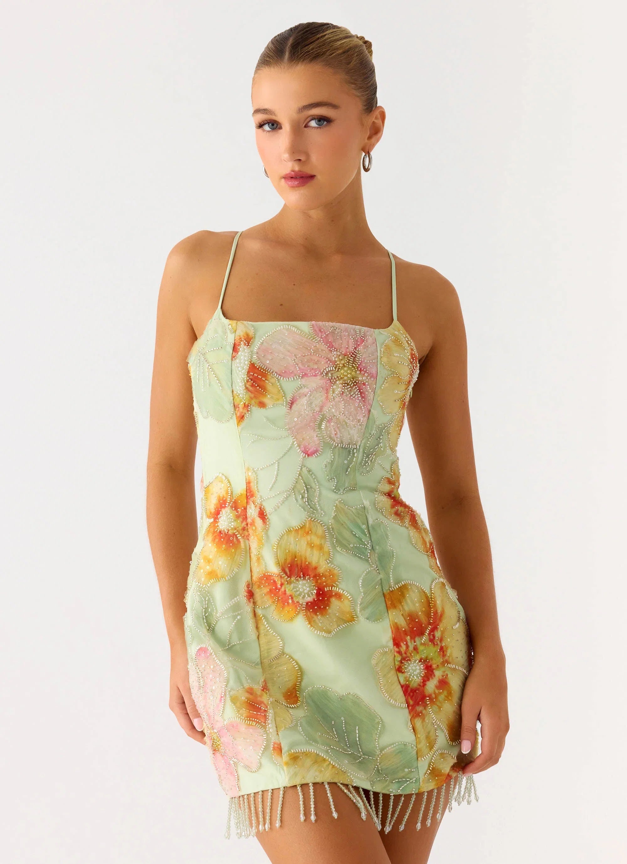 Gatiana Beaded Sequin Mini Dress Green Floral Beaded