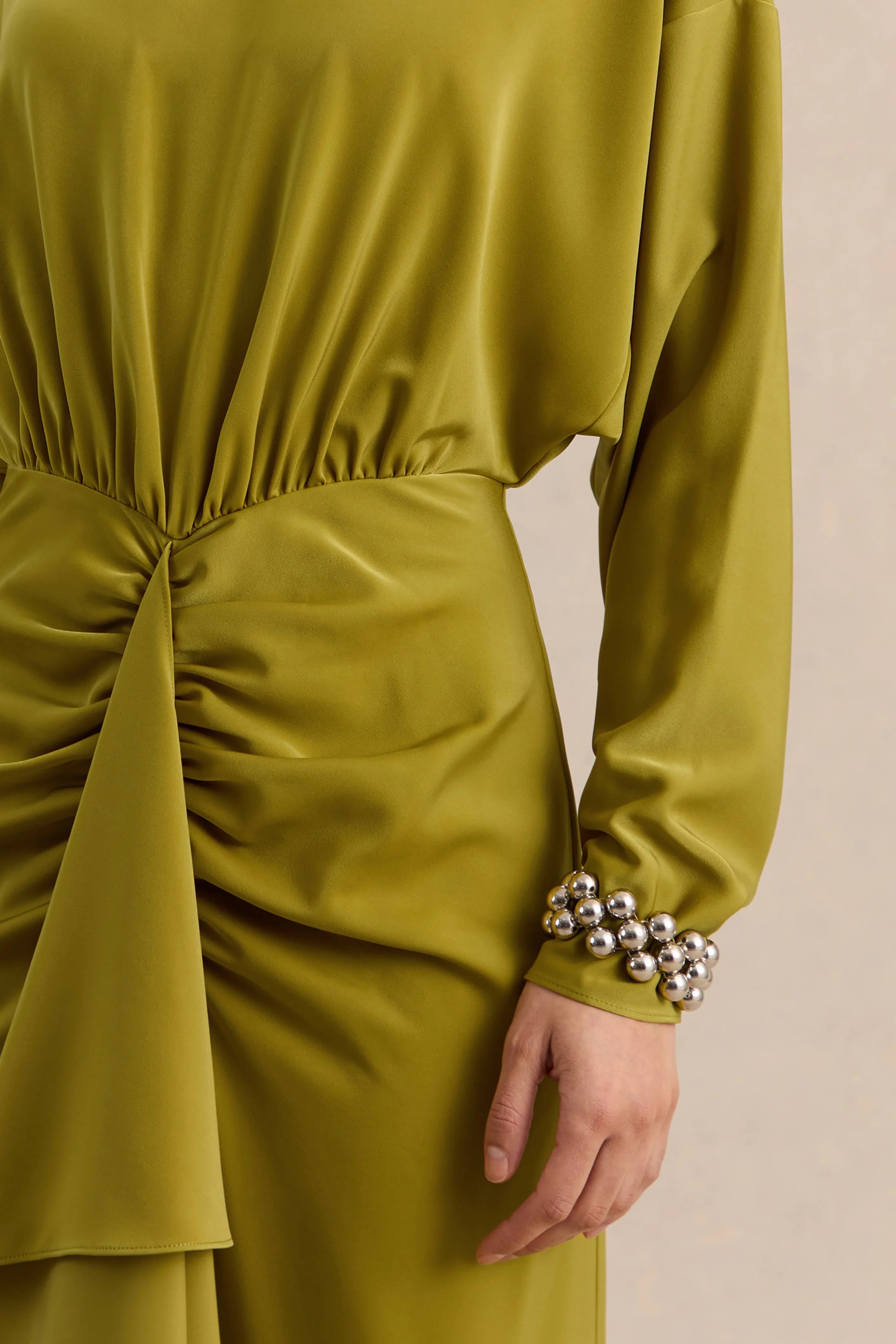 Perla Olive High Neck Maxi Dress With Gathered Detailing