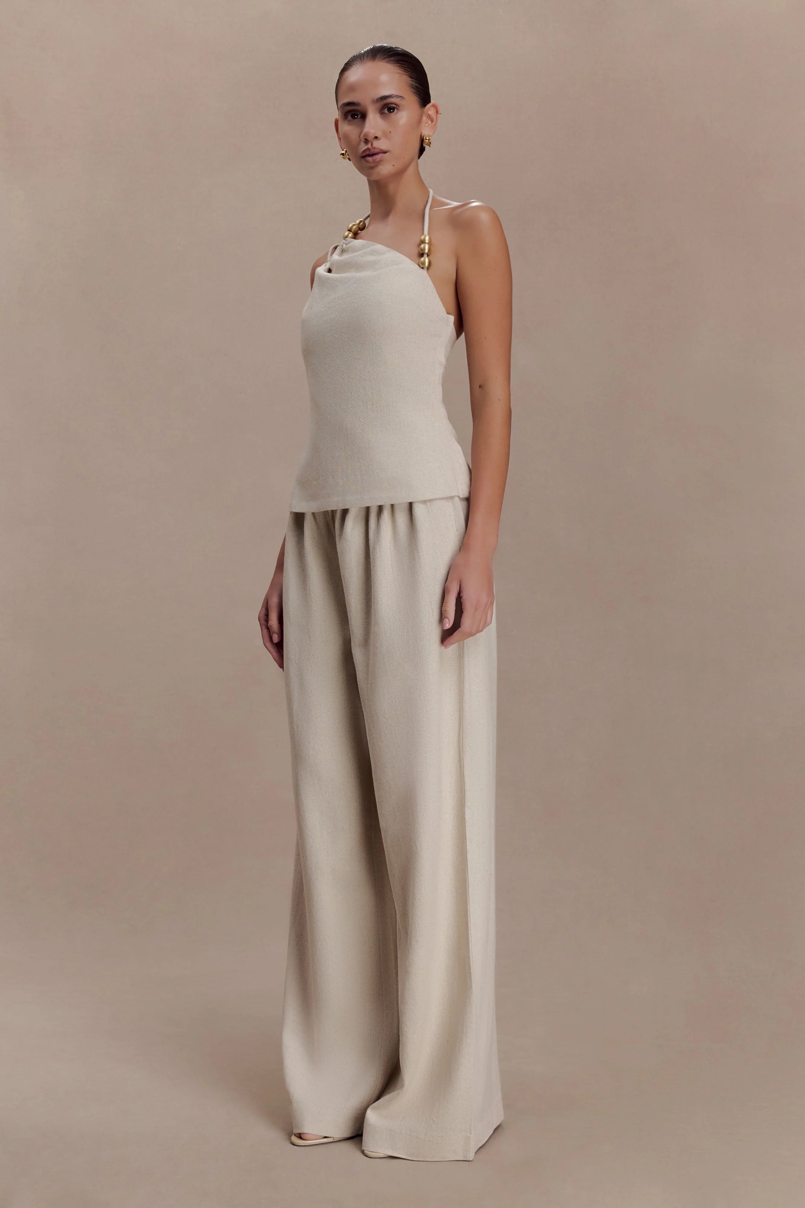 Gabby Asymmetrical Neckline Linen Beaded Top Natural