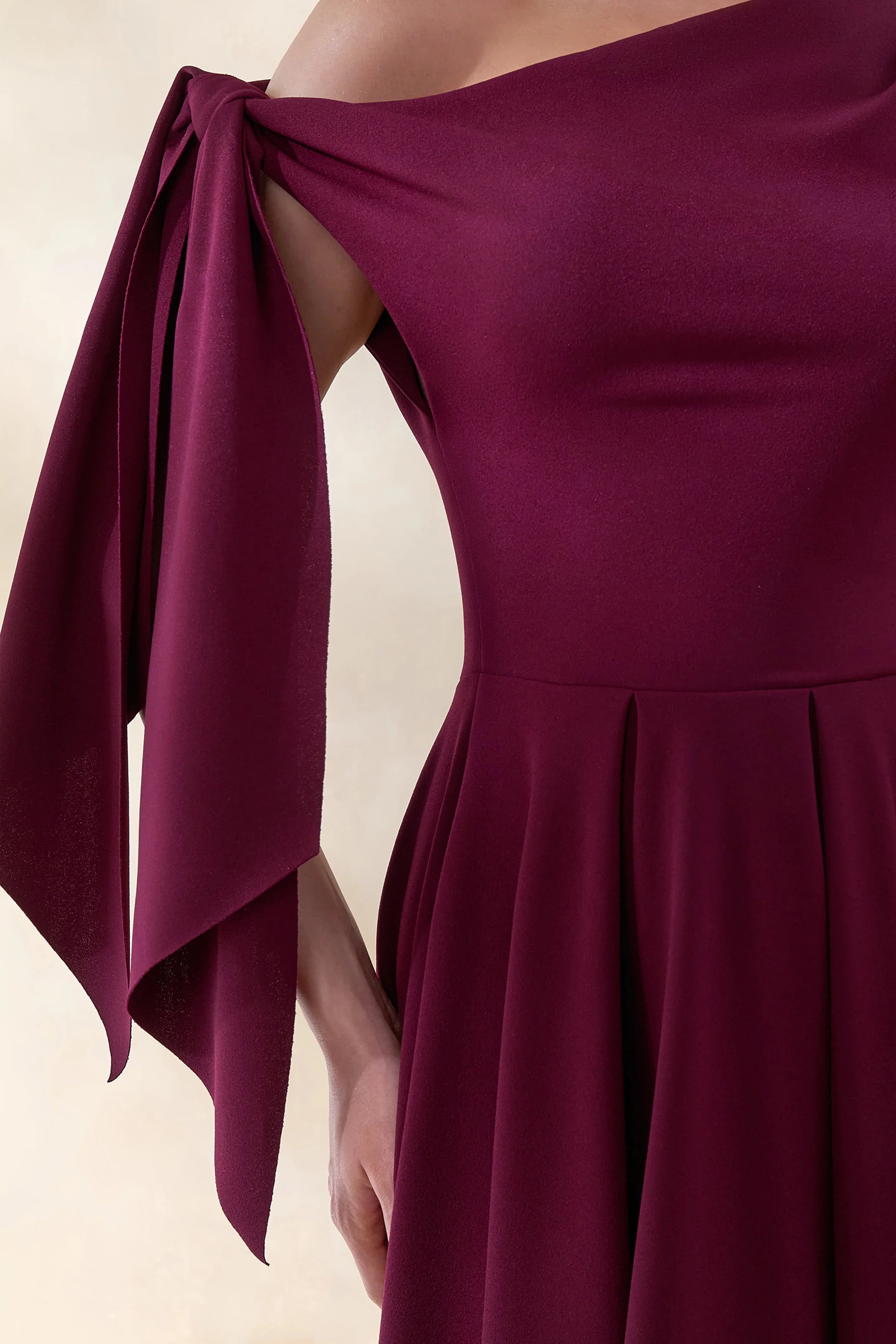 Daring Burgundy Asymmetric Neck Midi Dress With Knot Detail