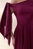 Daring Burgundy Asymmetric Neck Midi Dress With Knot Detail