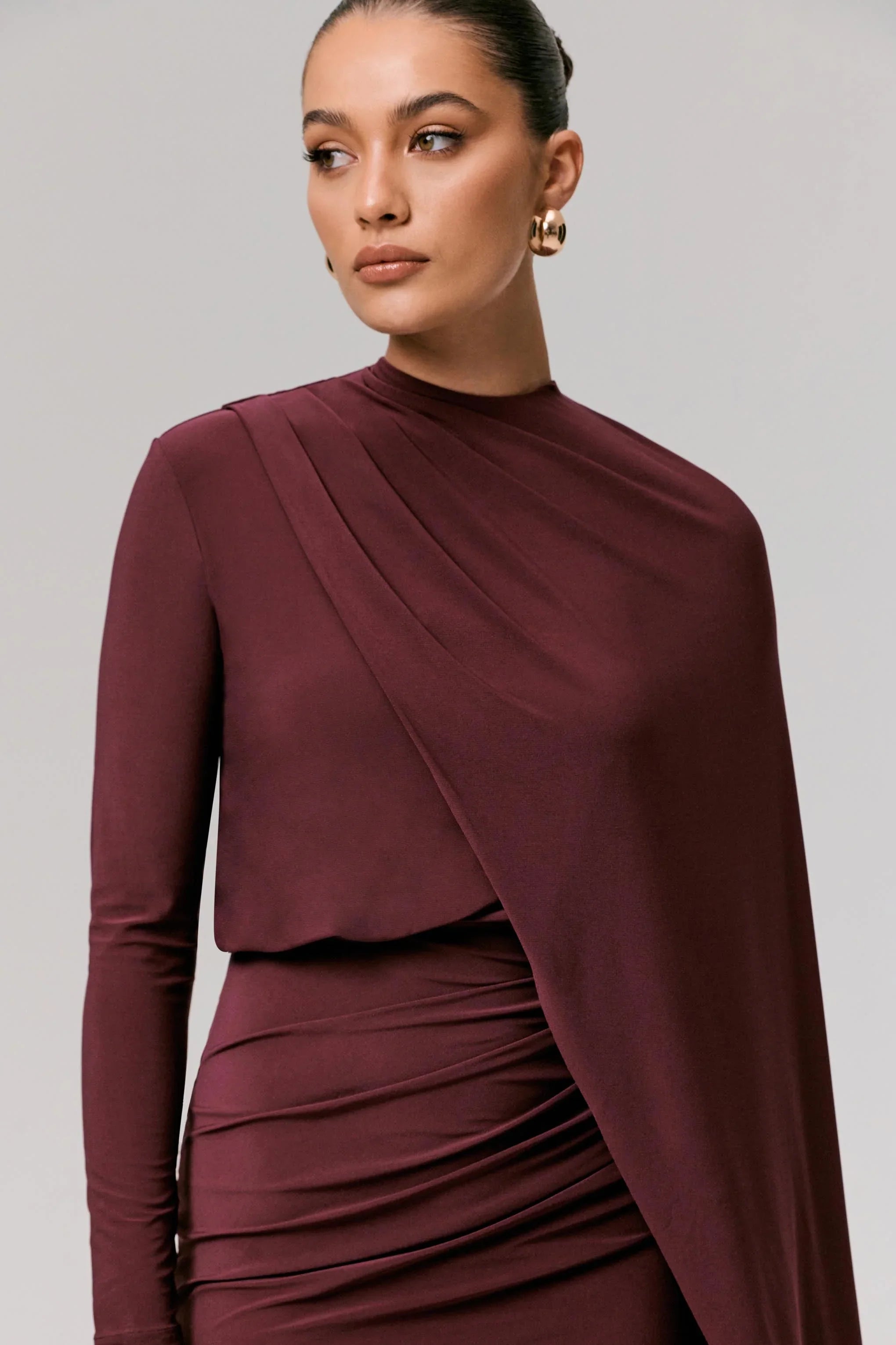 Celeste Burgundy Long Sleeve Mini Dress With Cape Sleeve