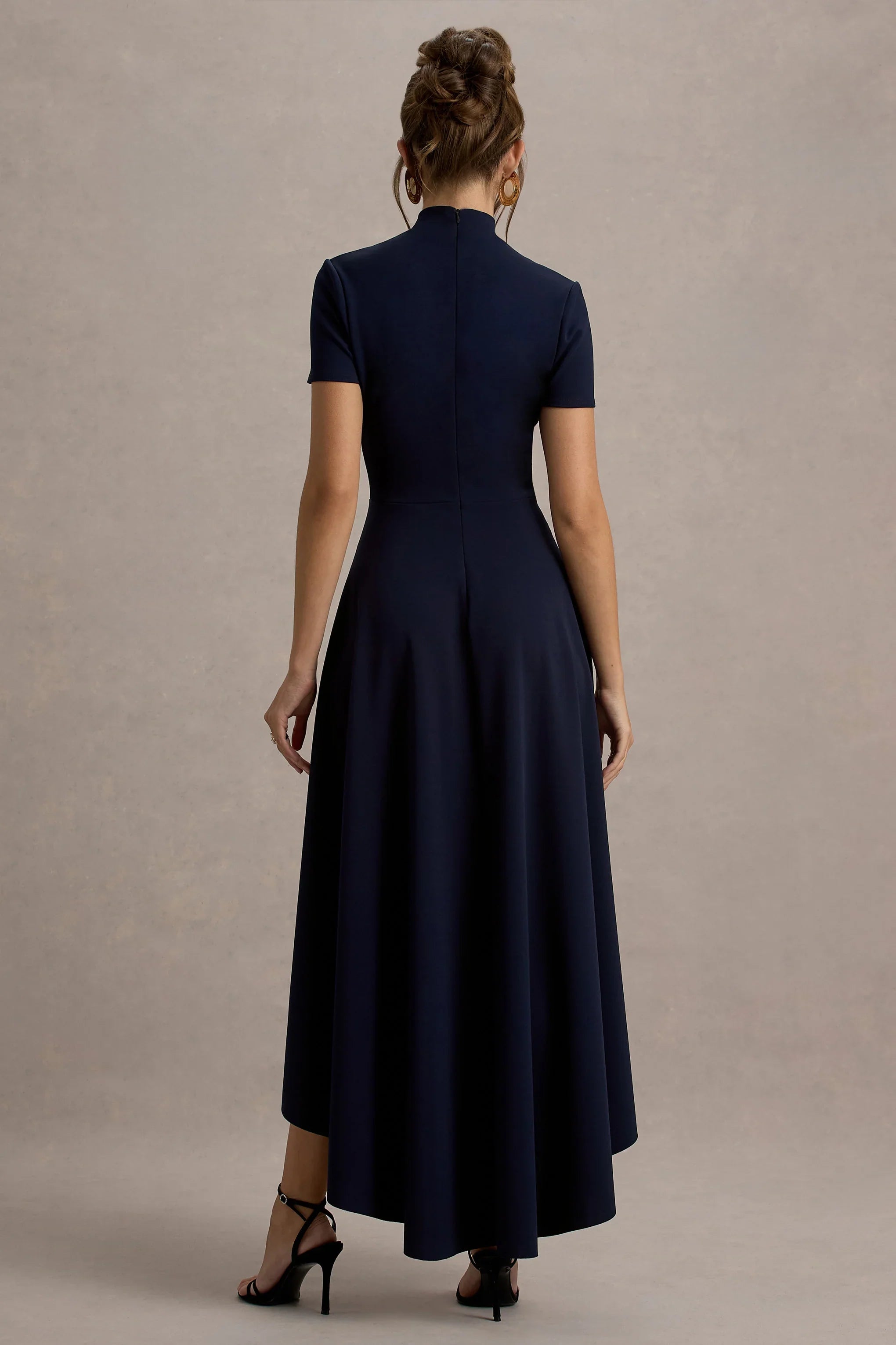 Bellona Navy High Neck High Low Midi Dress