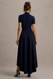 Bellona Navy High Neck High Low Midi Dress