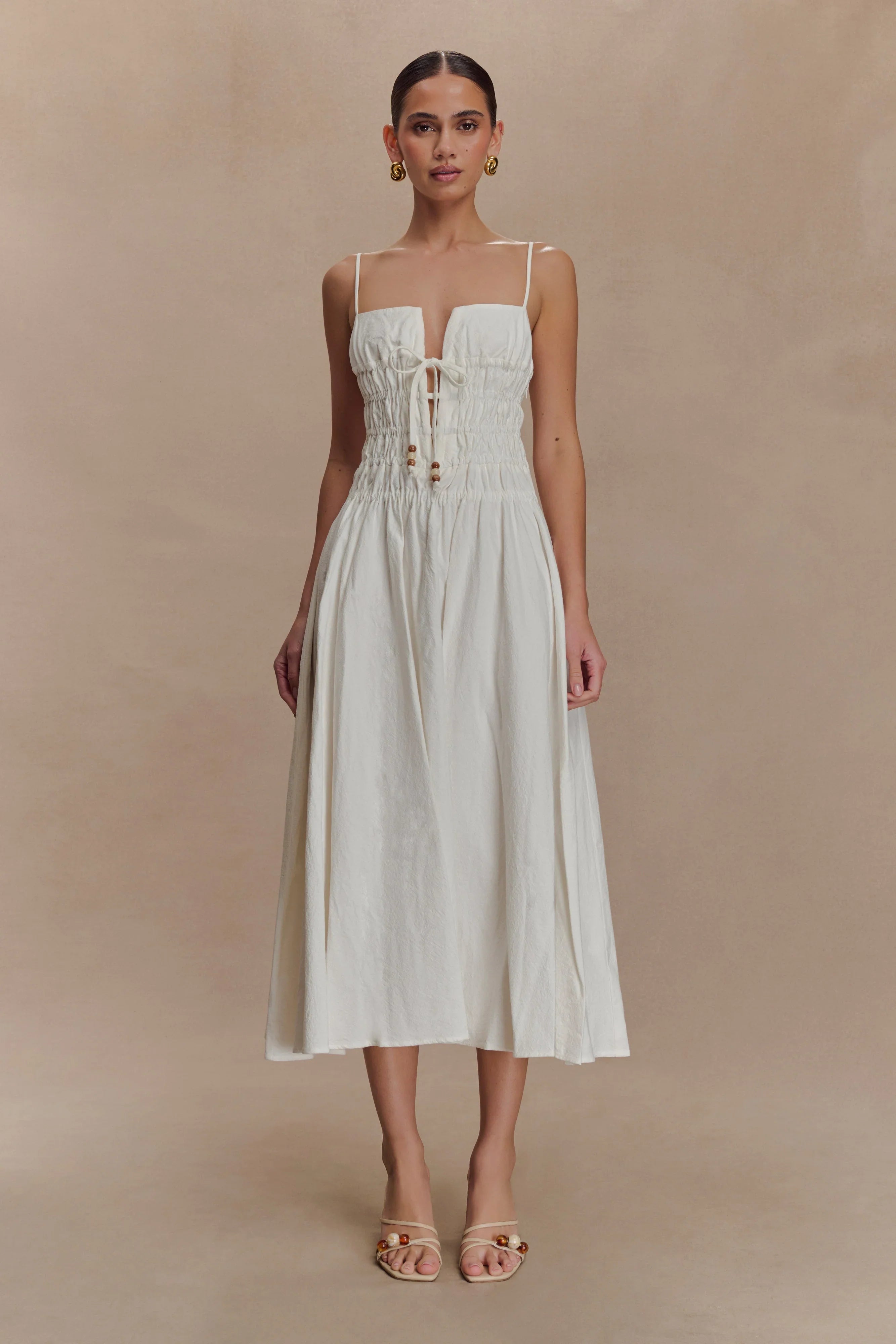 Elias Shirred Cotton Midi Dress White