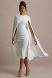 Marysol White Asymmetric Cape Midi Dress