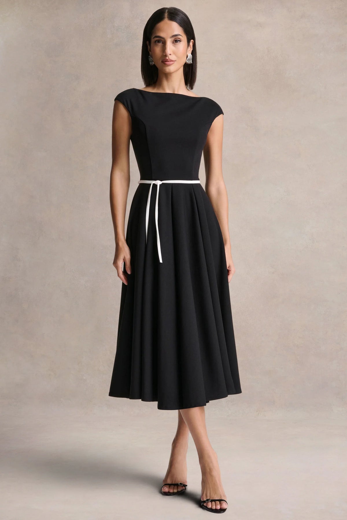 Nataline Black Round Neck Midi Dress With White Belt Detail