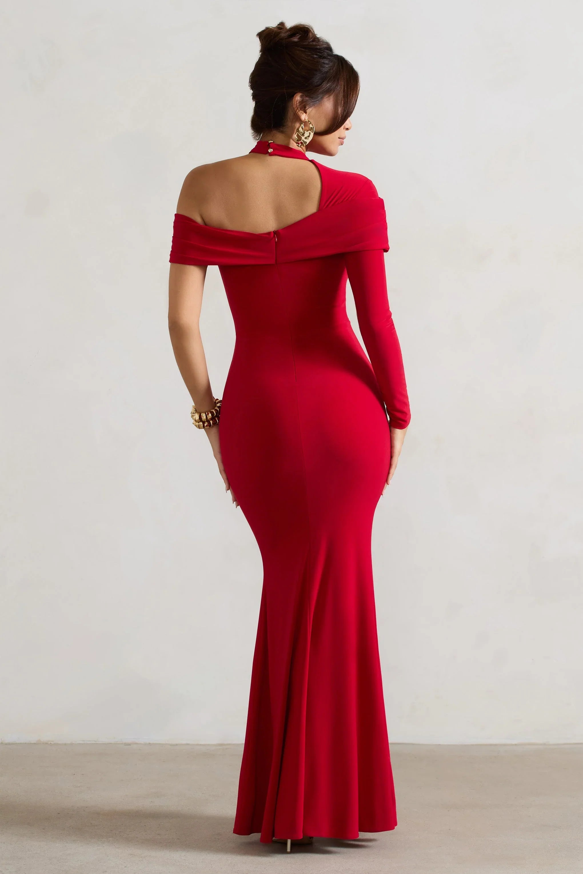 Tyla Red Asymmetric High Neck Split Maxi Dress