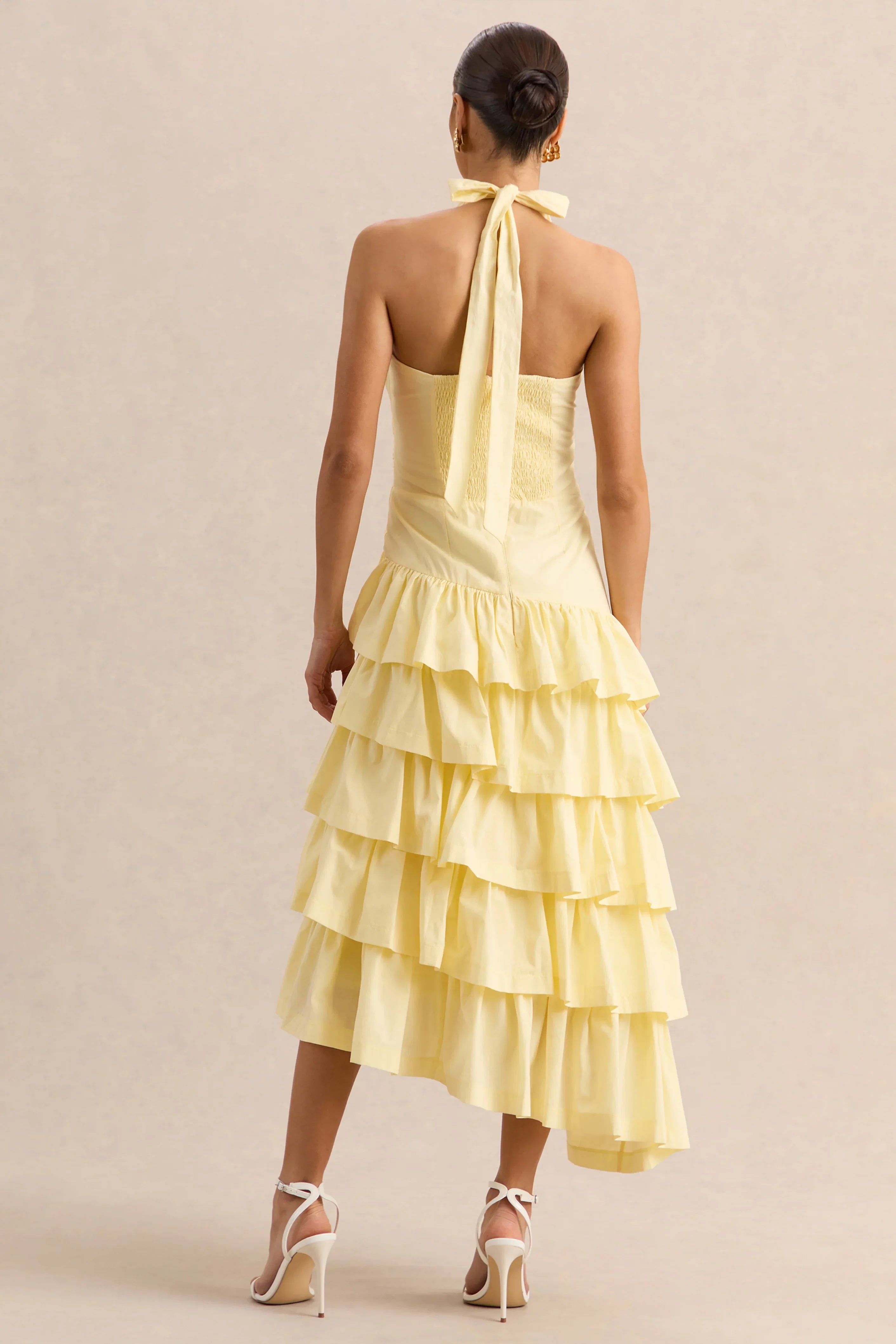 Velora Lemon Asymmetric Midi Dress With Tiered Ruffled Skirt