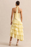 Velora Lemon Asymmetric Midi Dress With Tiered Ruffled Skirt