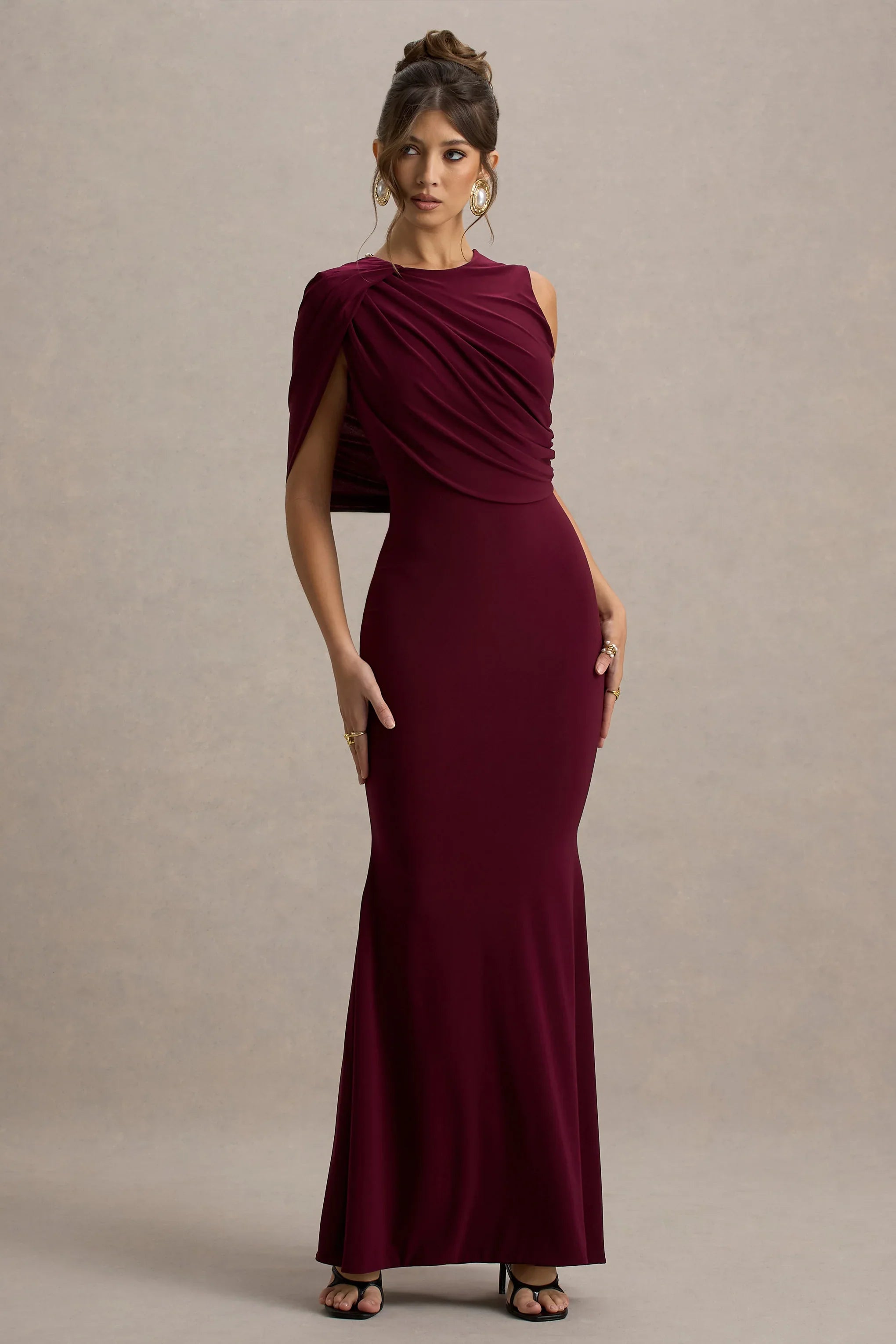 Rae Burgundy Maxi Dress With One Sleeve Cape