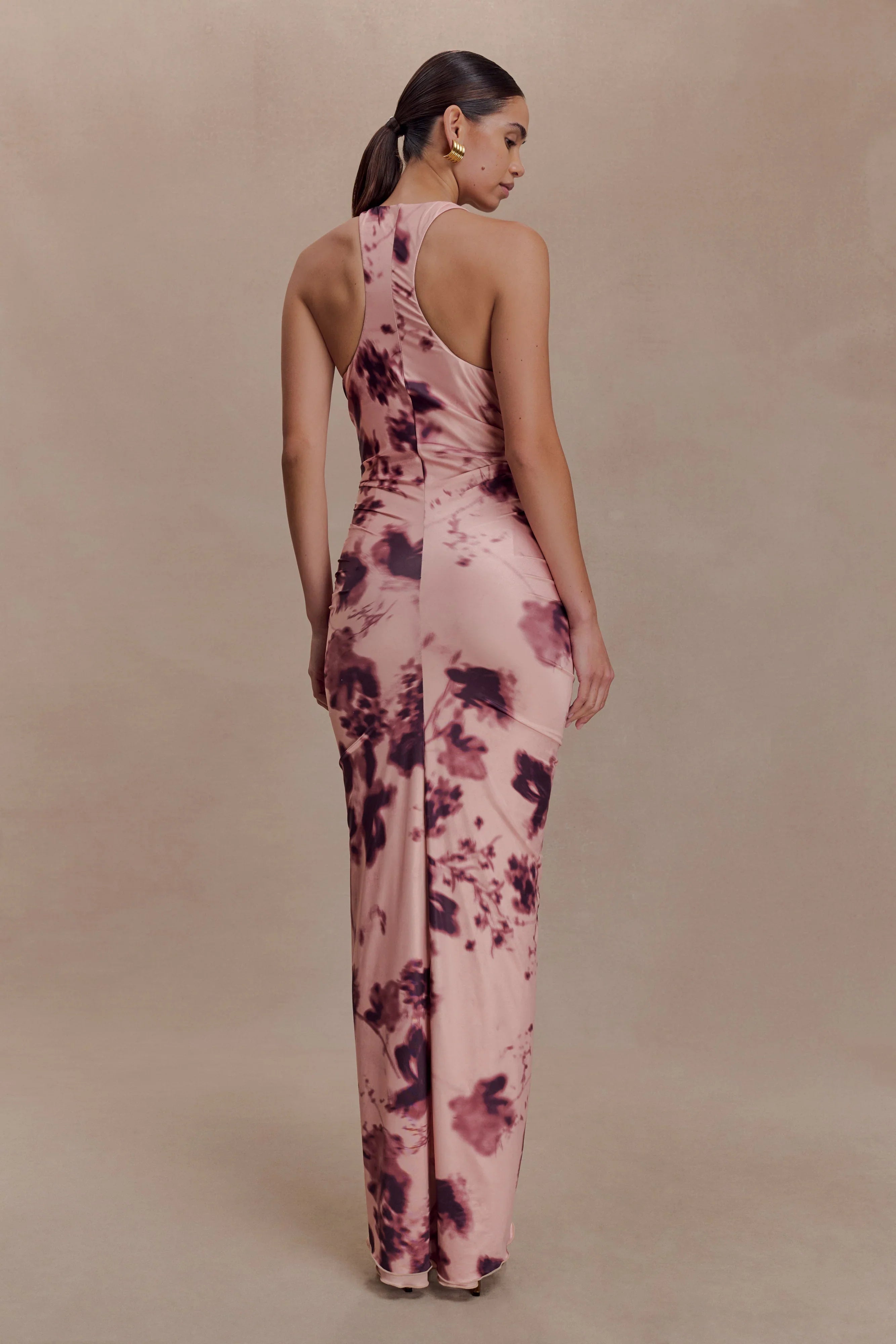 Alessandra Slinky Ruffle Maxi Dress Pink Blurred Floral Print