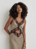 Khaki Satin Lace Slip Dress