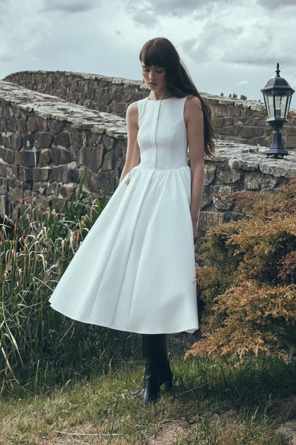 Monika Gathered Waist Cotton Midi Dress White