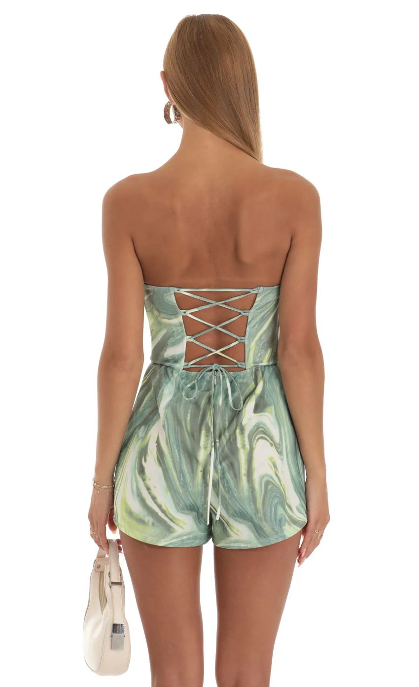 Strapless Romper in Green Swirl