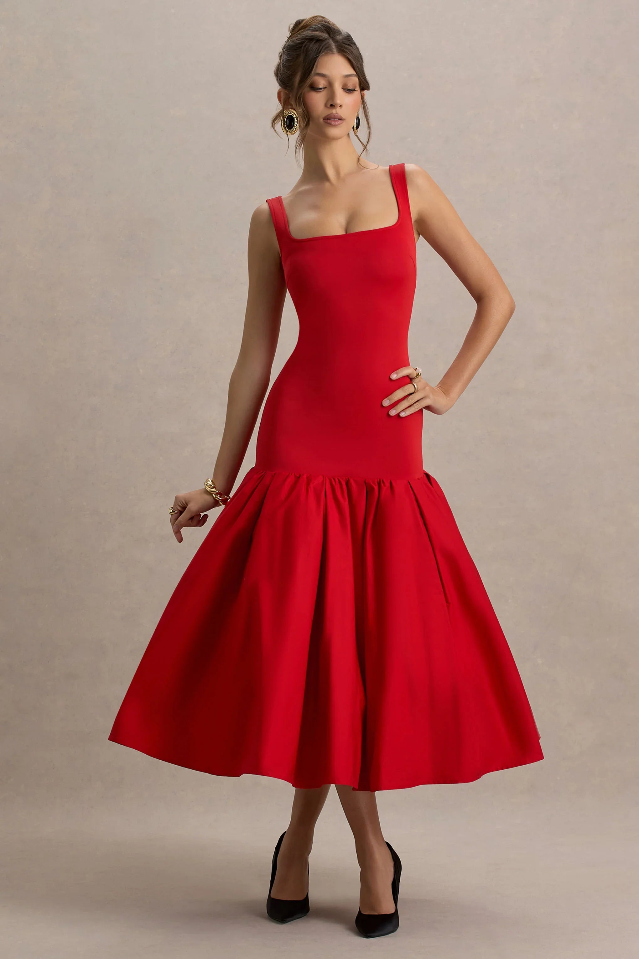 Parida Red Poplin Drop Waist Midi Dress With Peplum Hem