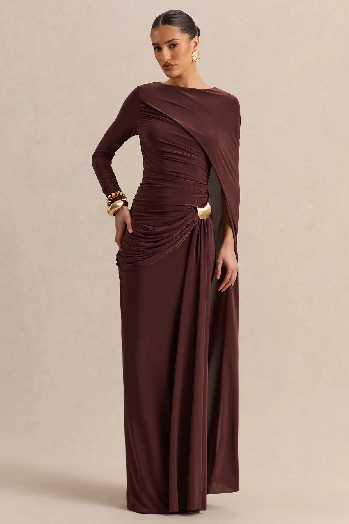 Orintha Brown Slashed Neck Maxi Dress With Cape And Gold Detail