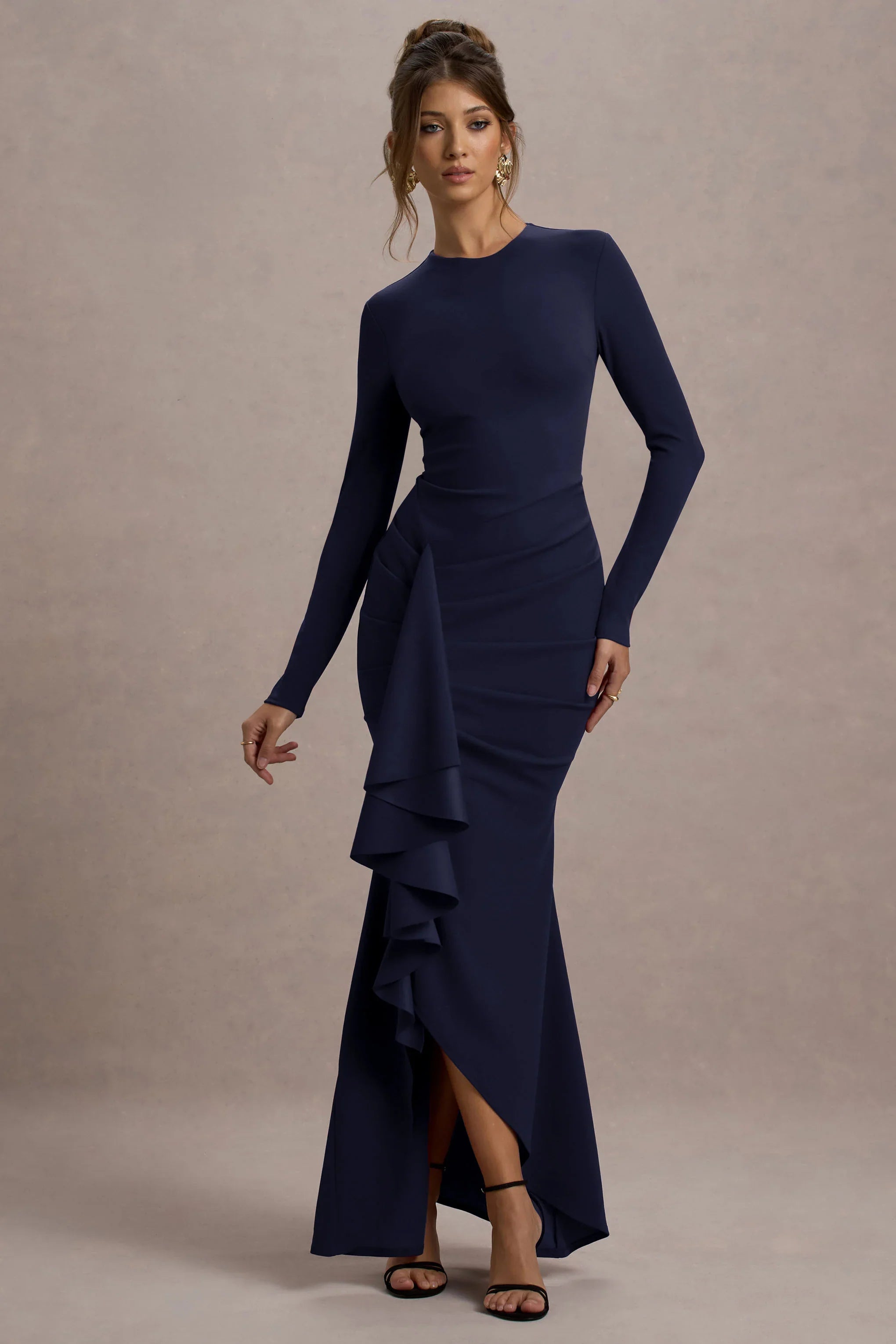 Alayna Navy Long Sleeve Maxi Dress With Ruffled Split