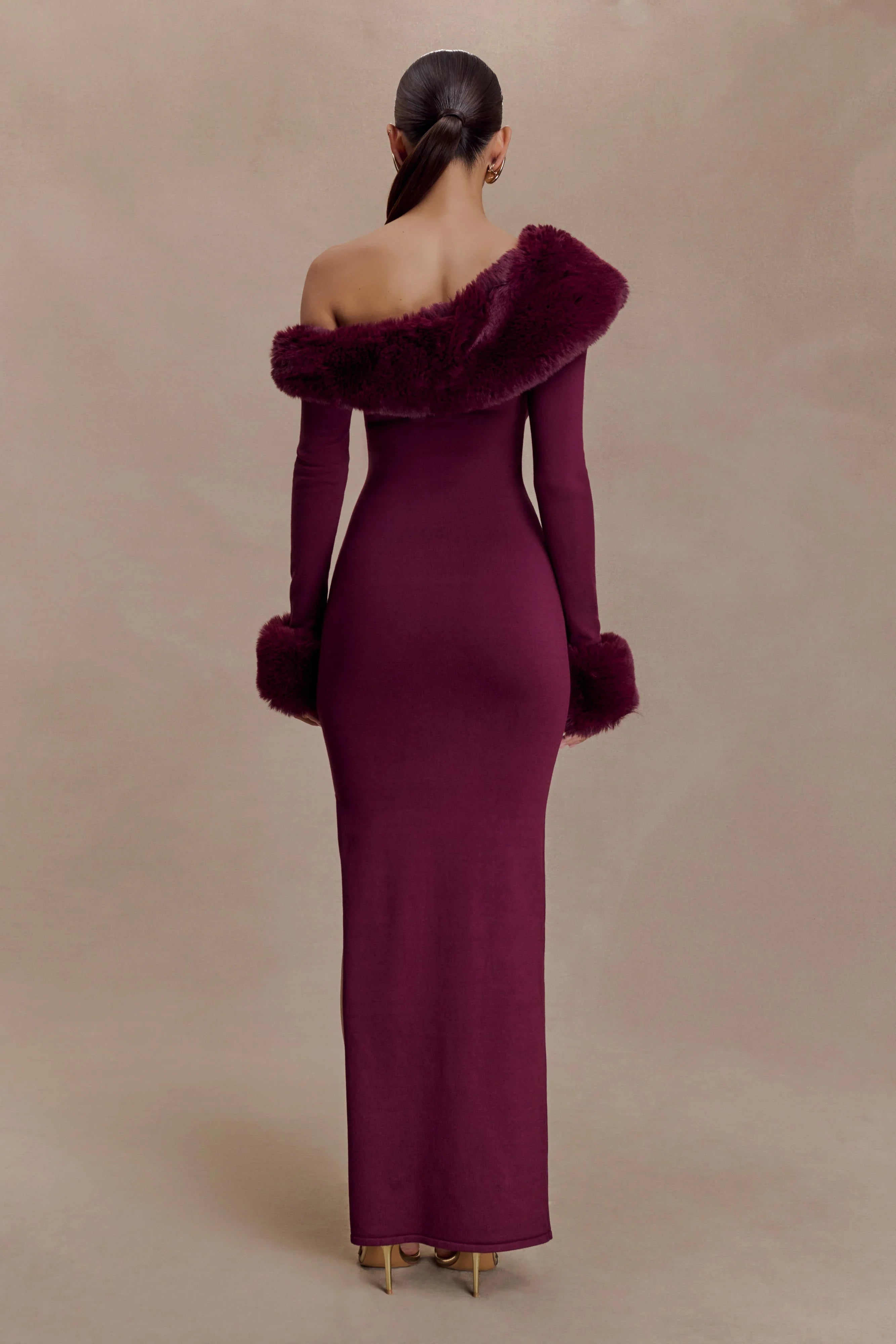 Karleigh Faux Fur Knit Maxi Dress Plum