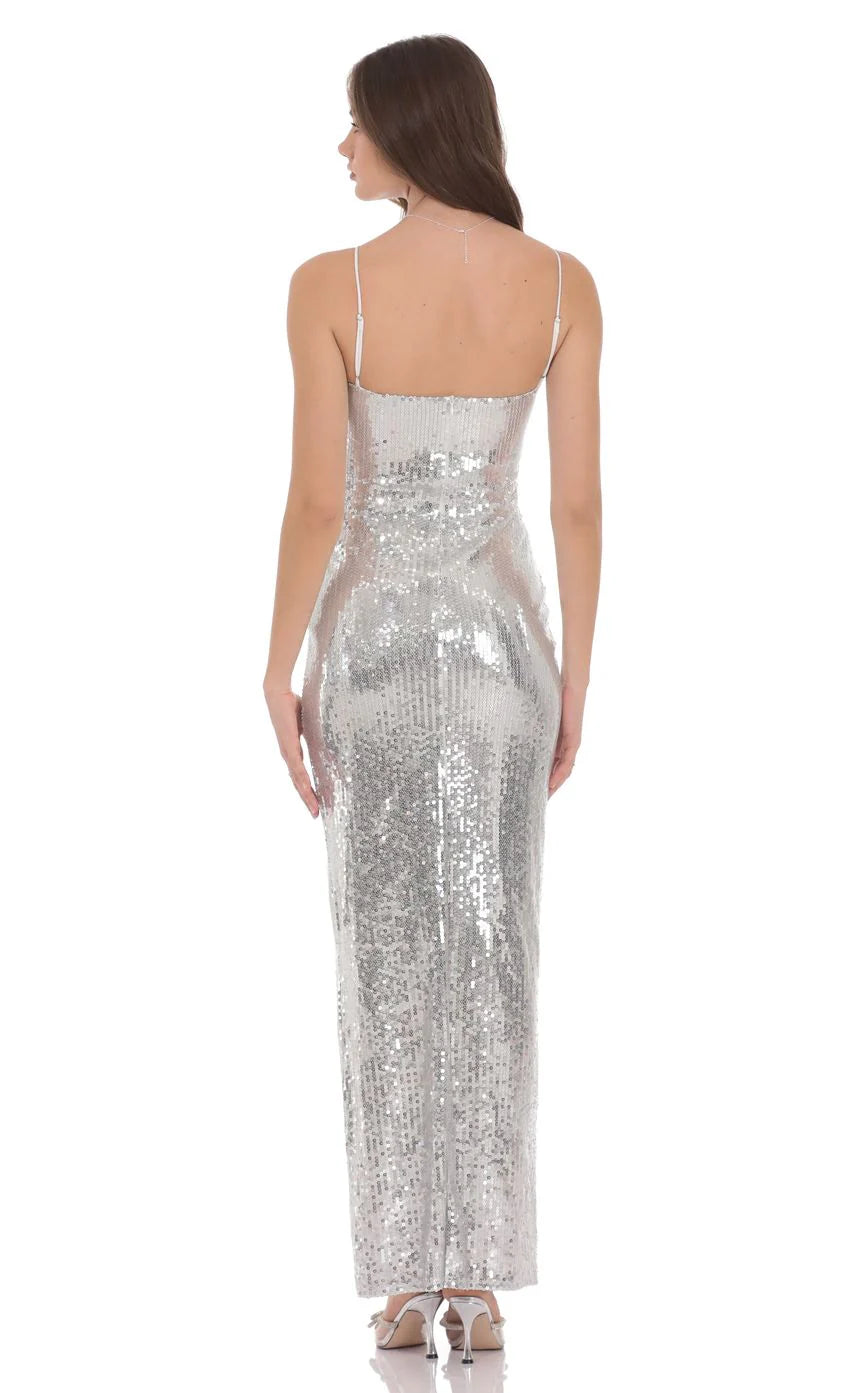 Sequin Keyhole Maxi Dress in Silver
