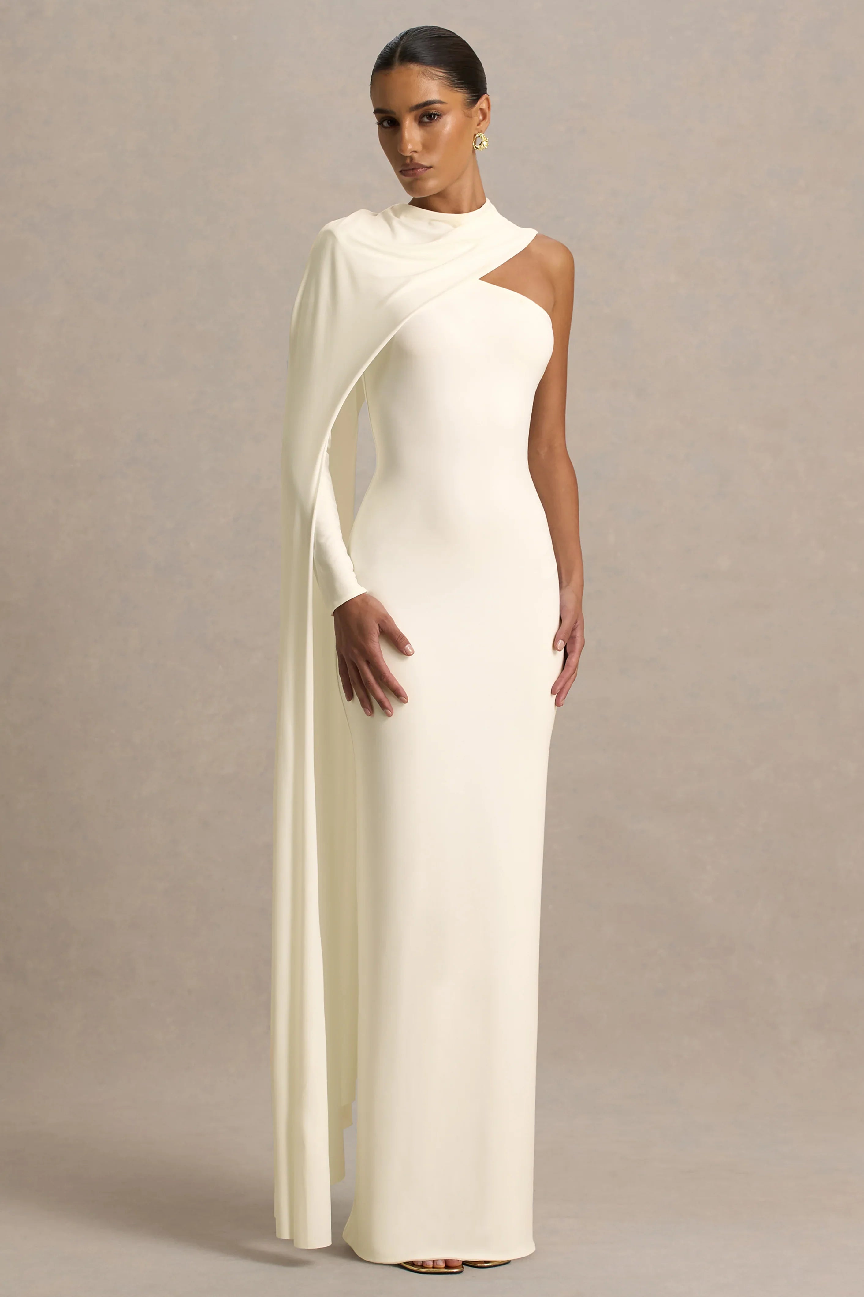 Dawn Cream High Neck Maxi Dress With One Long Cape Sleeve