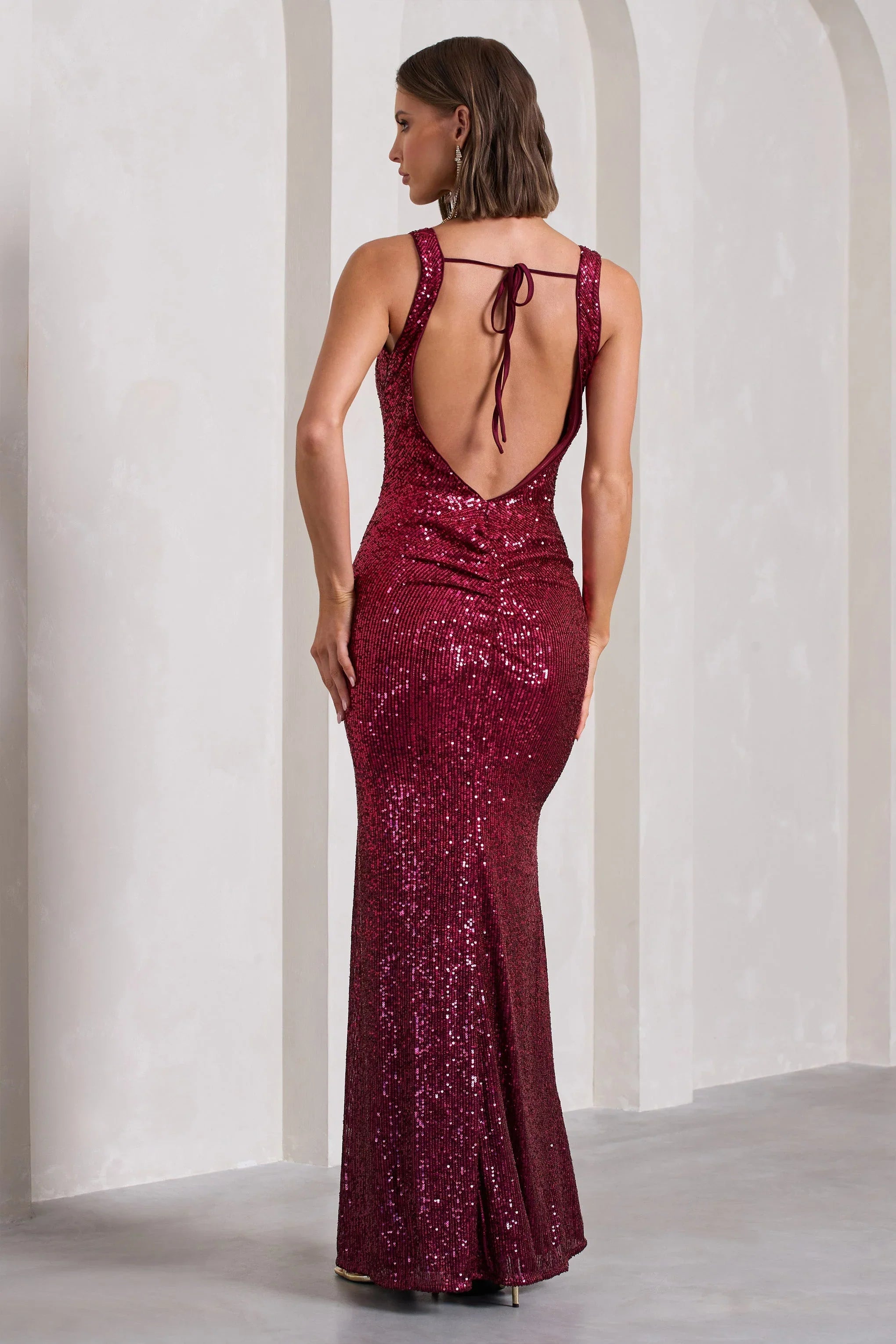 Yvonne Plum Sequin Open Back Bodycon Maxi Dress