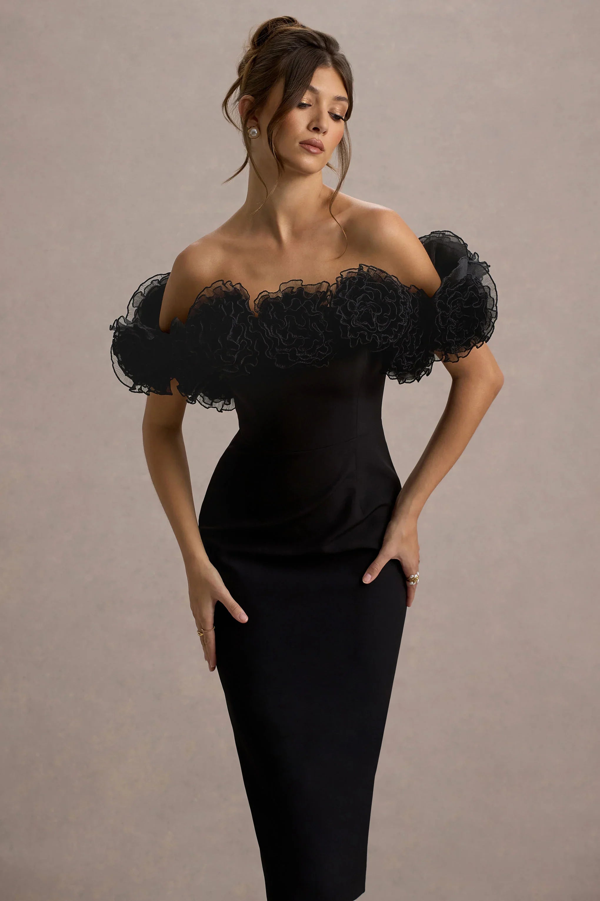 Alizzi Black Bardot Midi Dress With Ruffle Trim
