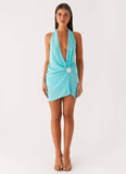 Eleanora Plunge Mini Dress Turquoise