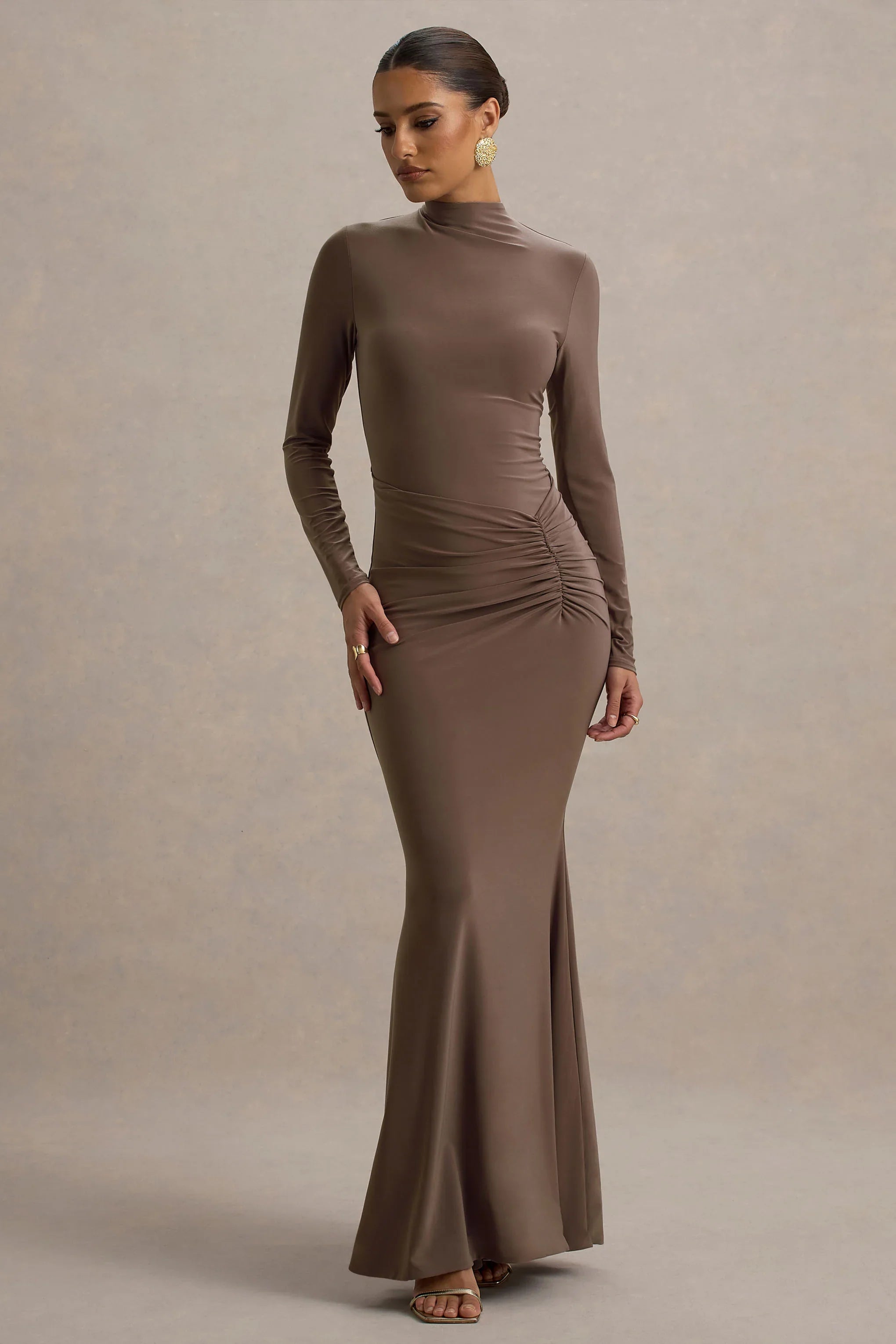 Reid Brown Long Sleeve Gathered Maxi Dress