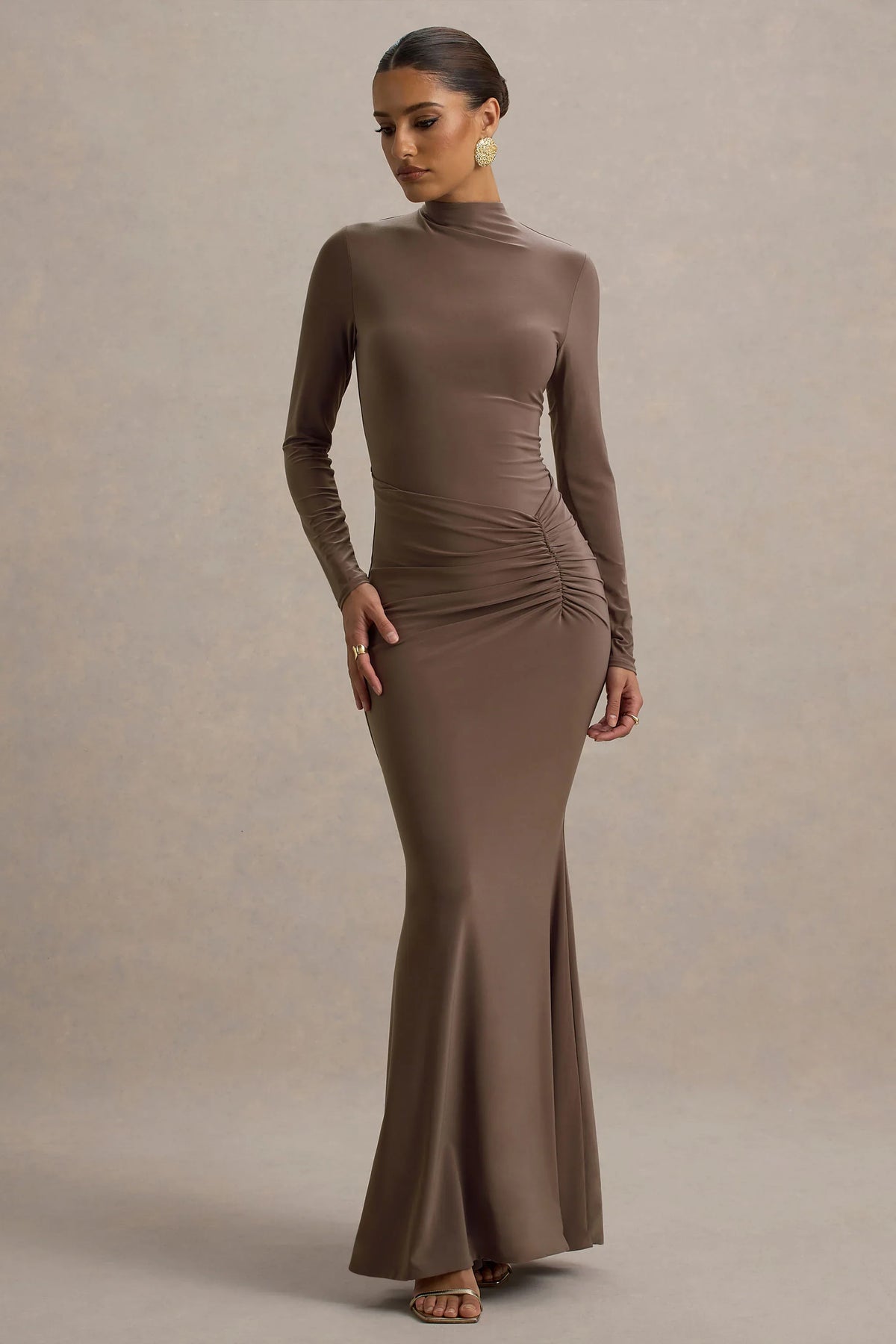 Reid Brown Long Sleeve Gathered Maxi Dress