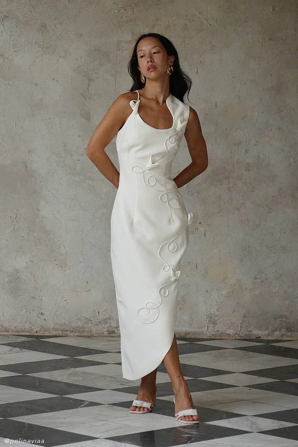 Virginia Suiting Embroidered Midi Dress White