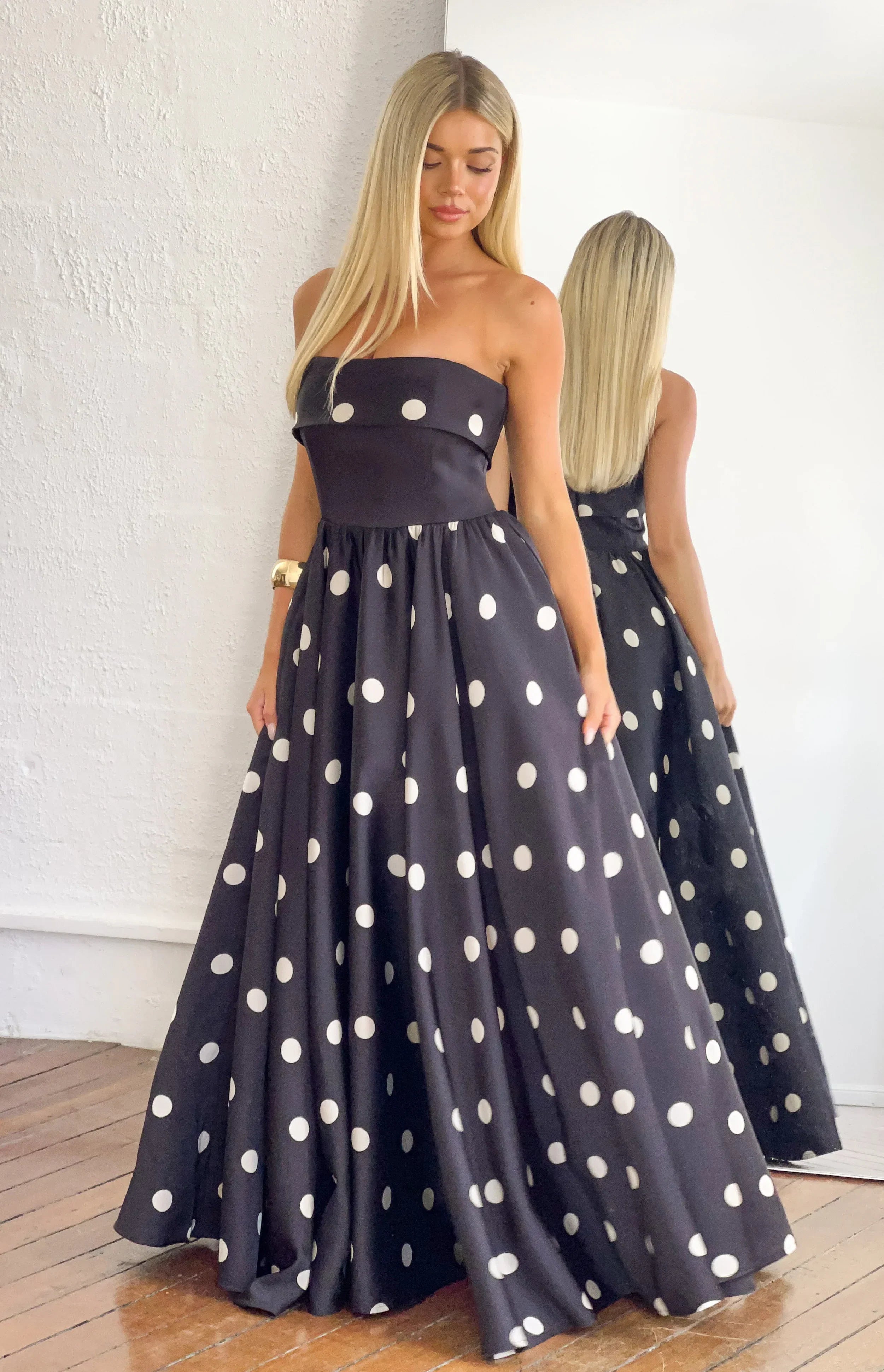 Julianne Strapless Polka Dot Satin Maxi Dress PRE ORDER