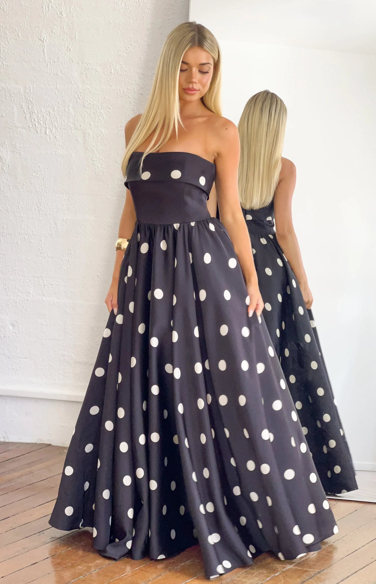 Julianne Strapless Polka Dot Satin Maxi Dress PRE ORDER