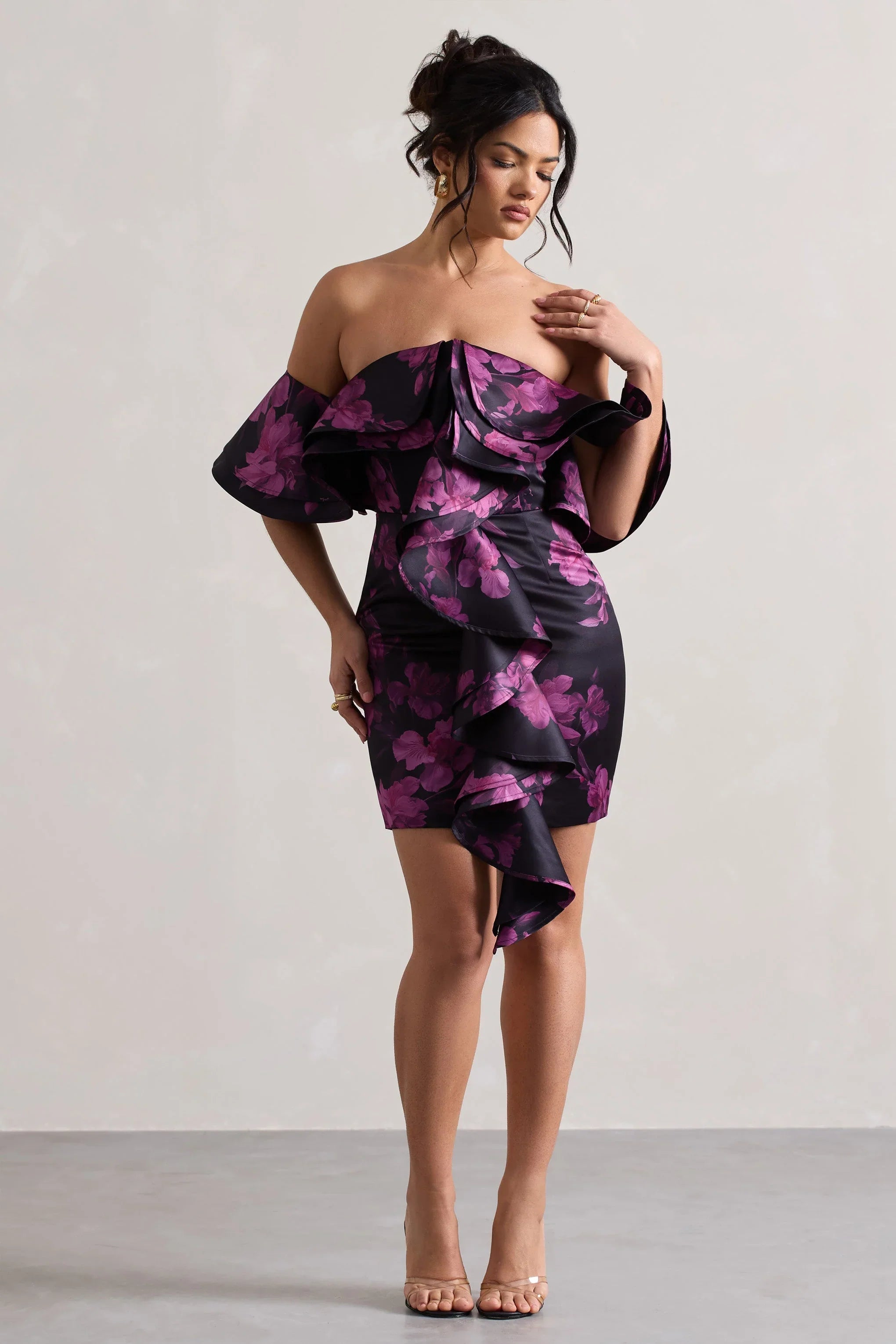 Aspen Black Floral Print Bardot Mini Dress With Ruffles