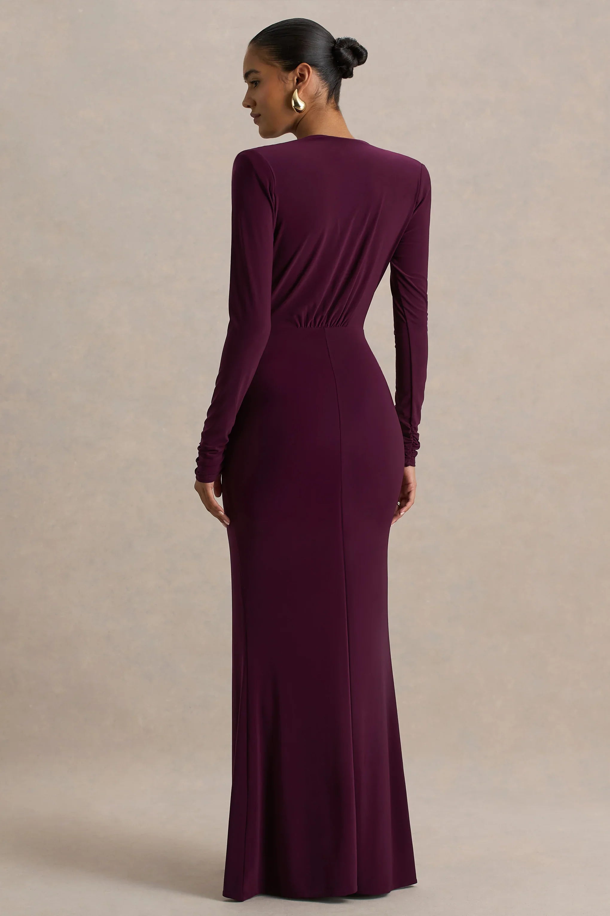 Flashy Burgundy Plunge Neck Maxi Dress With Ruched Detailing