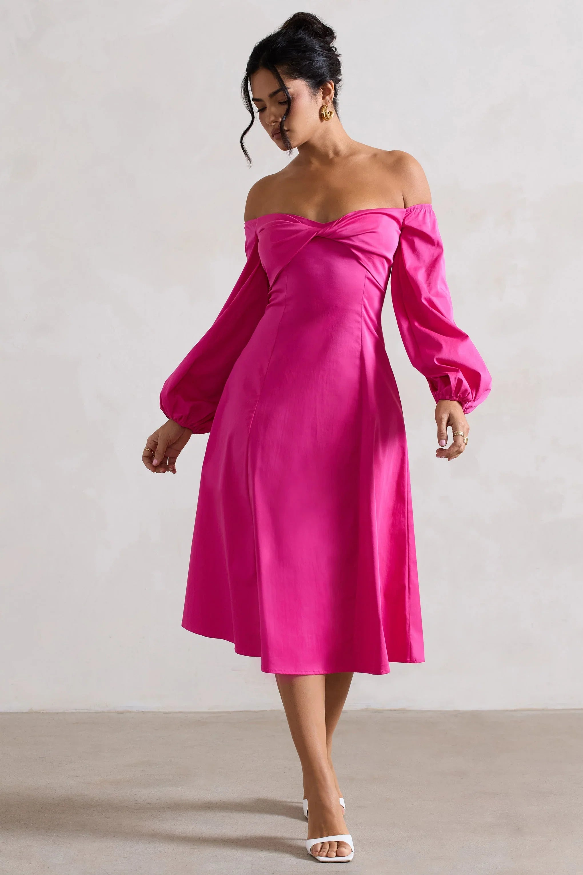 Santino Hot Pink Twisted Bardot Puff Sleeve Midi Dress